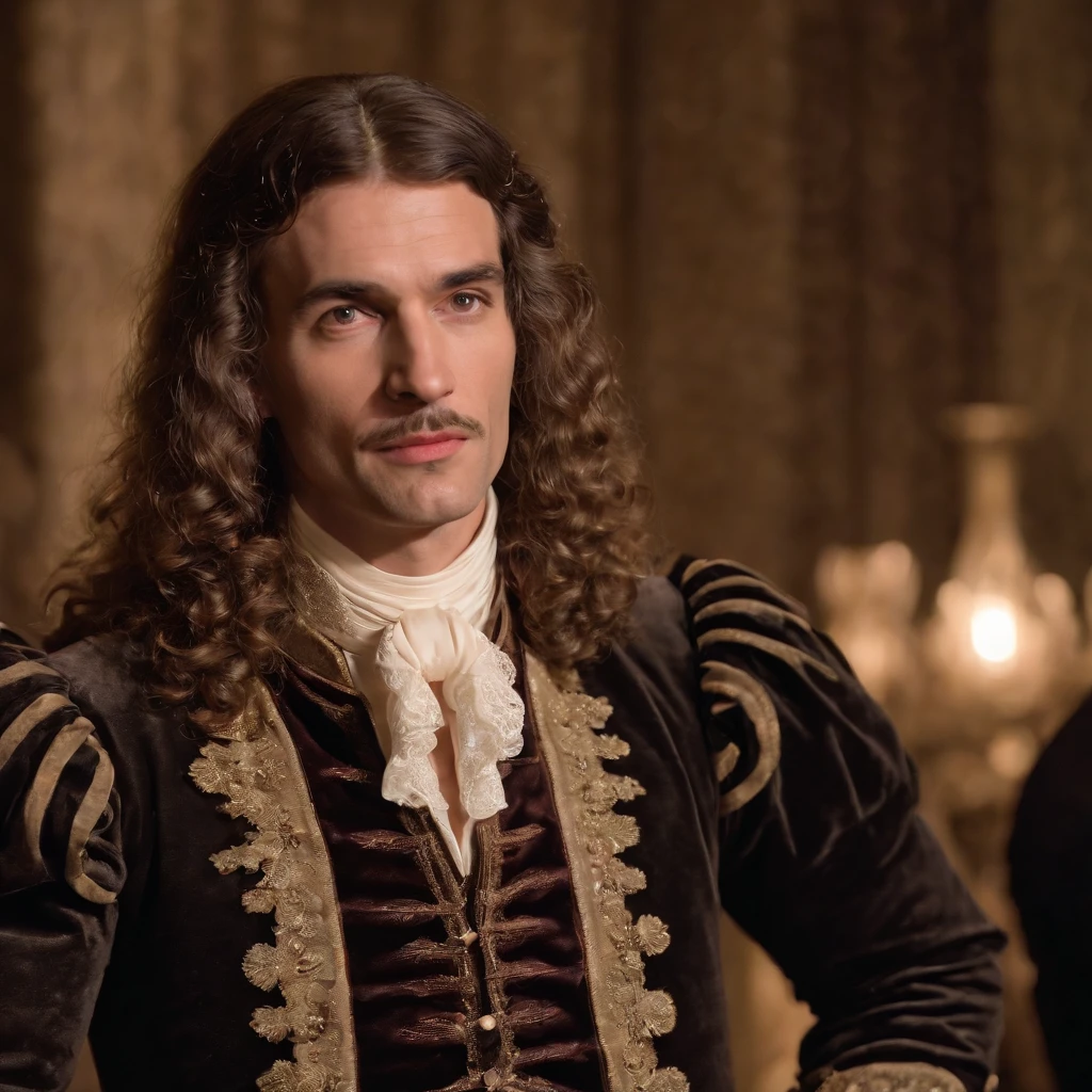 Create a scene depicting Molière’s performance during the soirée, with the playwright in character and the audience engrossed in the play’s entertainment.