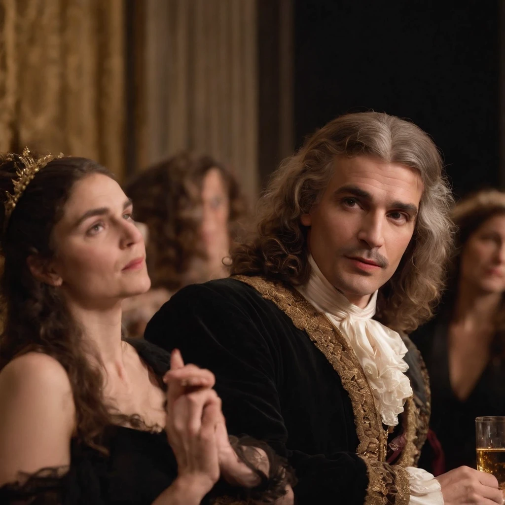 Create a scene depicting Molière’s performance during the soirée, with the playwright in character and the audience engrossed in the play’s entertainment with La Fontaine and Madame Sevigne watching.