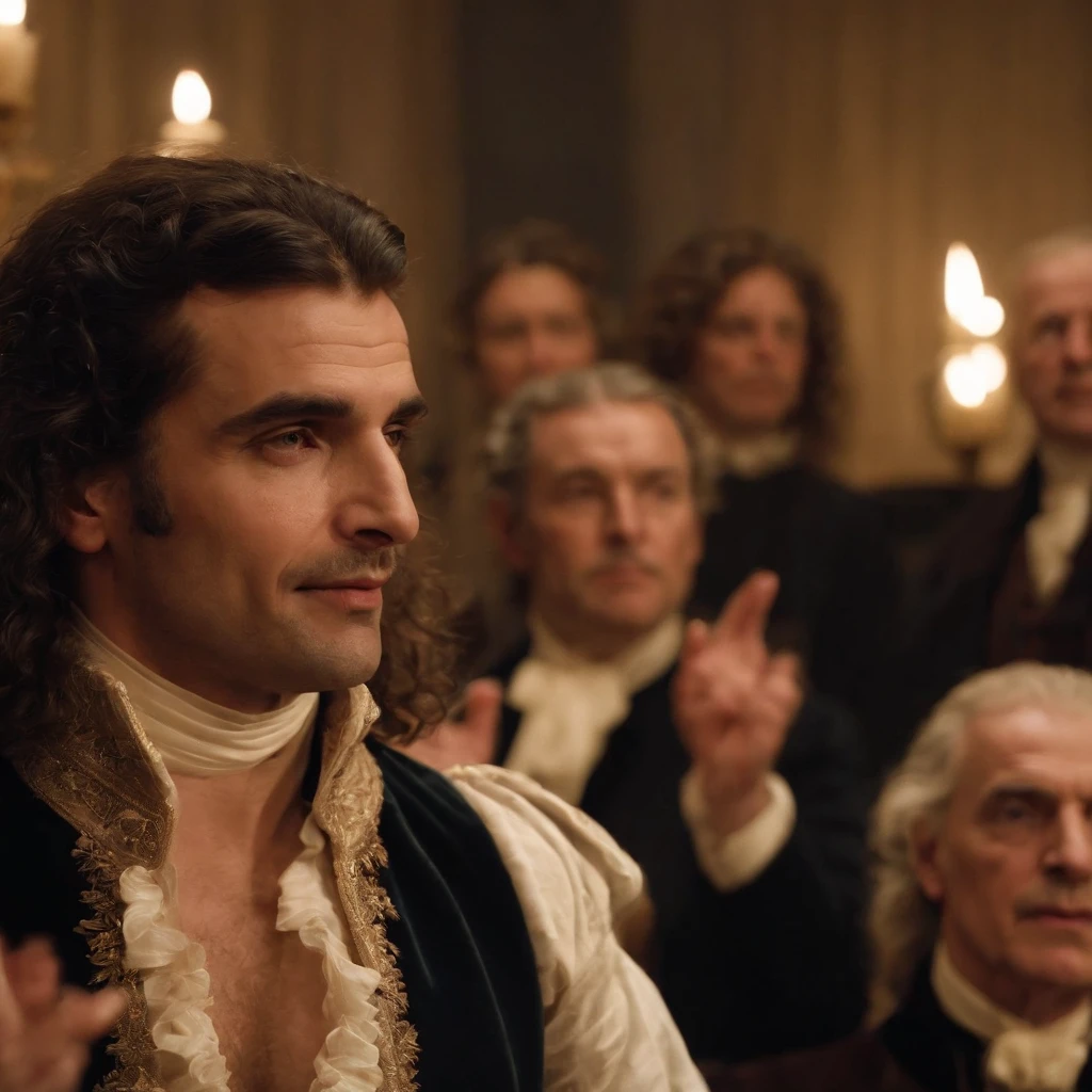 Create a scene depicting Molière’s performance during the soirée, with the playwright in character and the audience engrossed in the play’s entertainment.