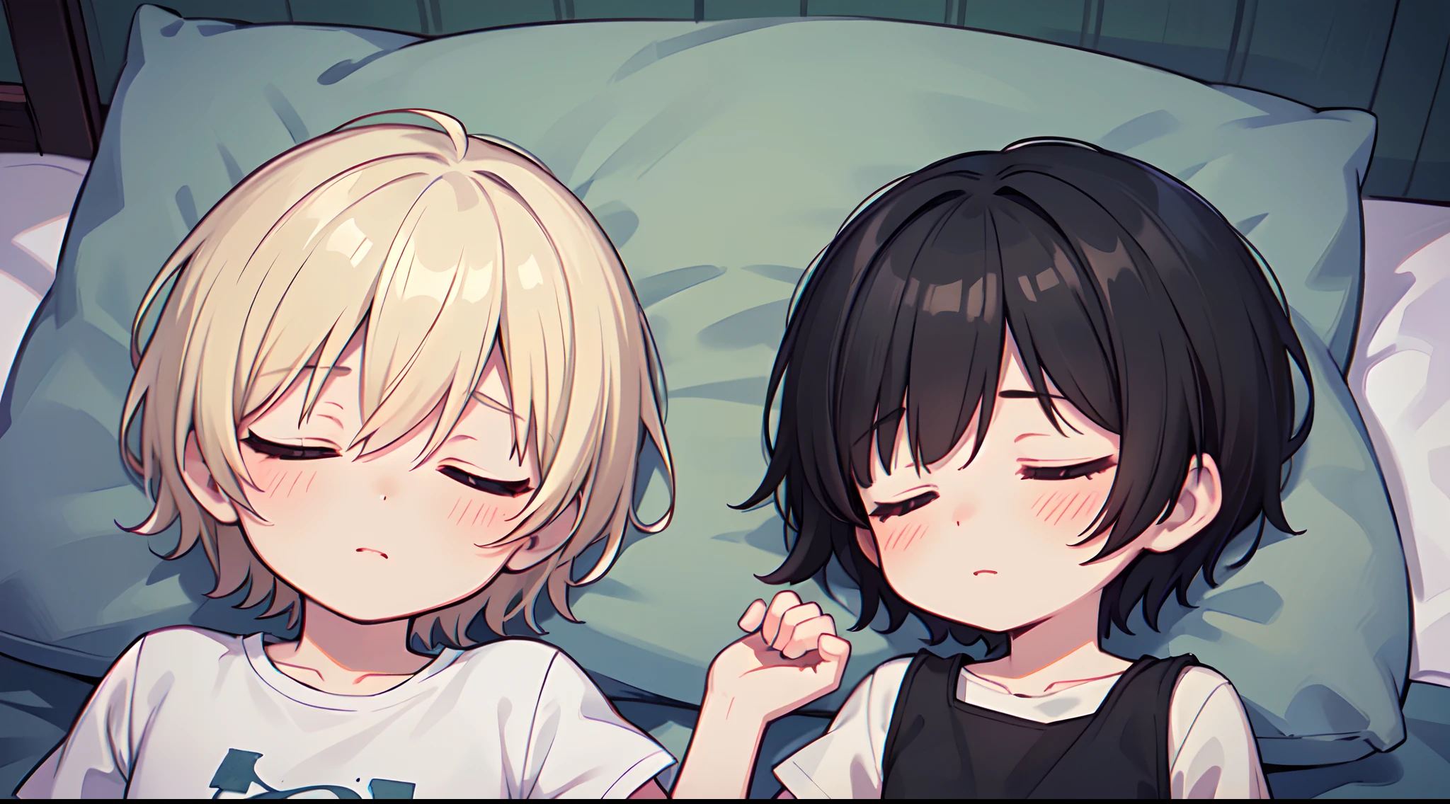 (Like a illustration), ((masterpiece)), ((best quality)), (ultra detailed:1.2), highly detailed, (horror:1.2), Child boy and child girl sleeping together in bed, (1chiled black short hair boy:1.3), (1child blond short hair girl), (sleep), (closed eyes:1.2), happy, bedroom, (Silent Hill),