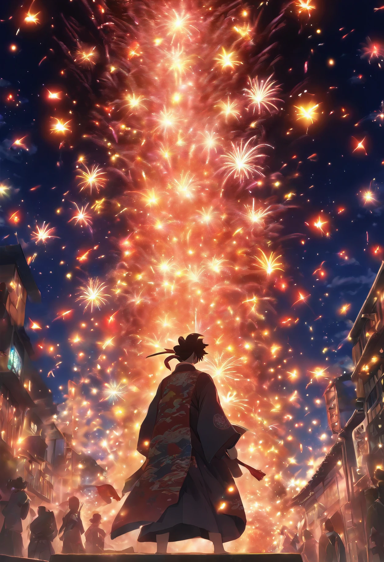 (((Tezutsu fireworks:1.5))), Japanese fireworks festival, Tezutu fireworks, holdeing tezutu fireworks, Tezutsu fireworks are fireworks that are filled with gunpowder in bamboo tubes about 1 meter long and are held by a person. Tezutsu fireworks are fireworks that blow up rather than being launched, and the pillars of flame can be over 10 meters long.