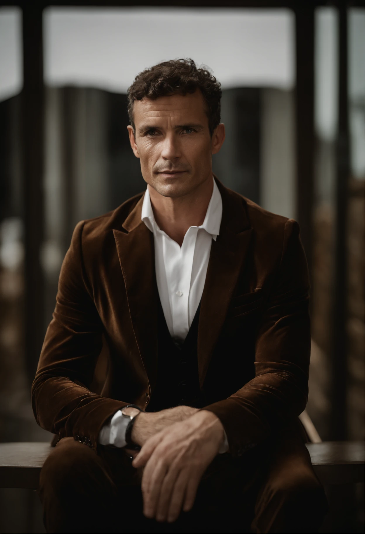 Cinematographic portrait , Un homme Handom, Grand et en forme, (40 ans:1.1), (shaven:1.2), (very short and fine brown hair a little curly:1.5),(very short fine hair:1.6). (Fitted black velvet suit and white shirt :1.3) . minimalist background, Composition propre, Strong details, muted colors, Hasselblad, style brut