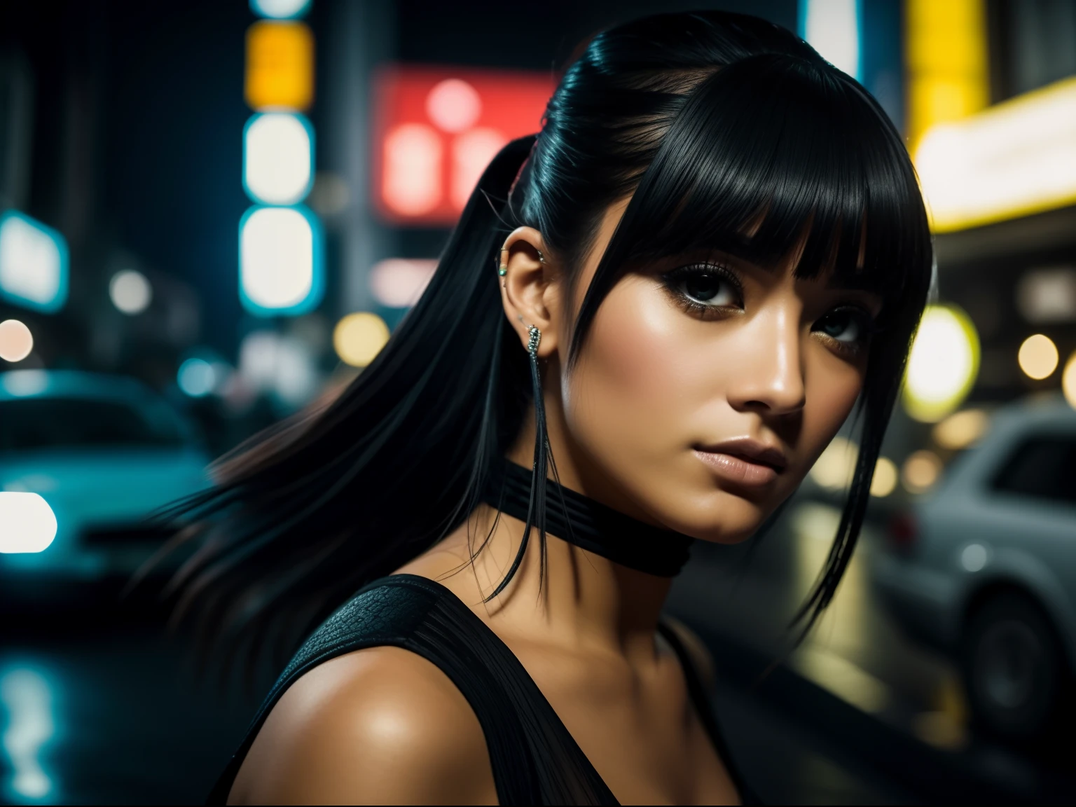 Close-up, Uma linda garota japonesa da moda elegante, cabelo curto, seios enormes, cleavage, roupa esfarrapada, batom, roupa punk, roupa rosa, batom, action movie scene, Jantar Distópico Cinematic Blade Runner, noite, movimentado com sinais de neon, blade runner aesthetics, lotado de pessoas, cinematografia de filmes, gangue trash, pessoa atraente, High emphasis on detail, vestindo equipamentos de tecnologia do tempo, gangue trash, Vida noturna, cheio de vida, gangue trash, action movie shot by Kon Satoshi, estilo Semi Impasto, tinta escura, Atmospheric, brilhante, lighting dramatic, olhos bonitos, symmetric eyes, olhos perfeitos