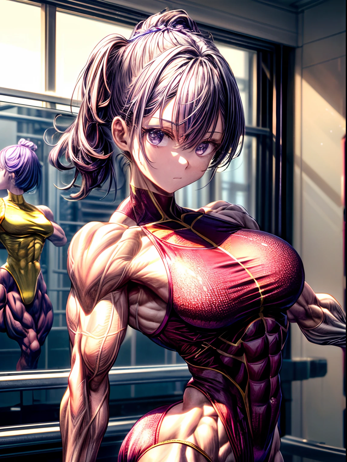(BEST lighting) , (ultra intricately detailed) , 4K unification, (super-detailed CG: 1.2) , (8K: 1.2),(Original), (Masterpiece) , (Best quality),(Masterpiece:1.4),Anime-ish high quality,(Masterpiece),Masterpiece, Best quality, absurderes,((masterpeace, 4K, 8K, Yes, A high resolution))1girll, One man only,She is in the ballet studio,Golden ballet costume, Protruding blood vessels on the arm,Spring, Boots, Perfect figure, Short purple asymmetrical hair, Sweat, ((body builder:1.5)),The strongest in the world,Practice dance studio background,(Beautiful bace),(Girl),(Female),(((Upper body:1)))