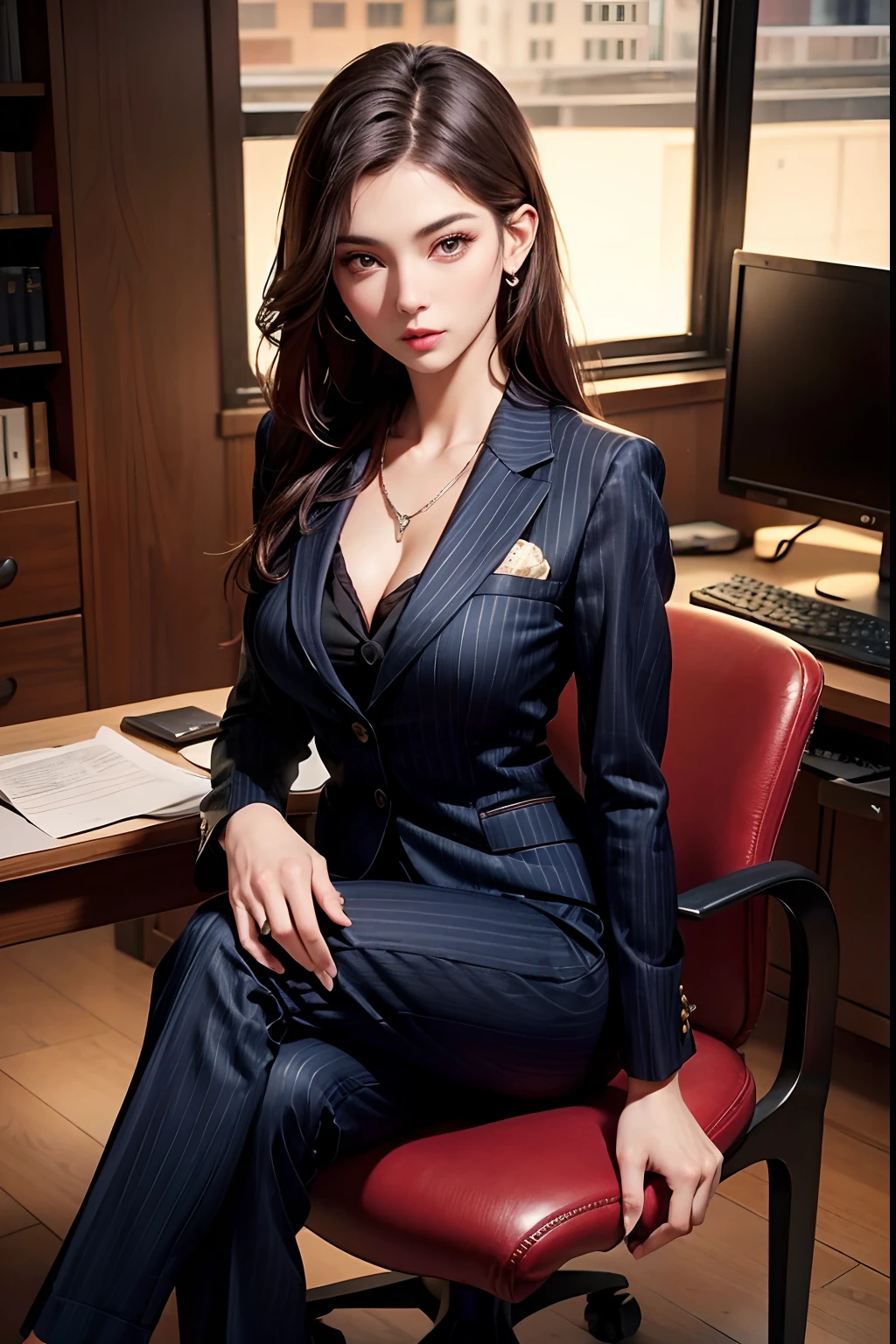 (Details of a very beautiful face), (Best Quality:1.4), 8K resolution, High resolution, 1girl in, Beautiful girls, Beautiful girl of the highest grade, Super beautiful detailed face, (business suit with wide open chest:1.25), pants suit, Gloss on lips, Parted lips, Staring at me, Large breasts, cross arms, cross legs, sit on a chair, office