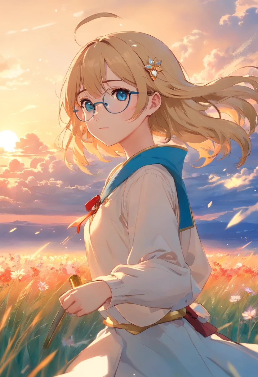 masterpiece, best quality, movie still, 1girl, cloud girl, floating in the sky, close-up, bright, happy, warm soft lighting, sunset, (sparks:0.7), (((glasses))), Arthur(saber,Artoria Pendragon) In the picture,You can see Arthur(saber)Standing on the Grassland,There are several blooming flowers scattered around。She wore a blue tight blouse,Wear yours with a white dress。She wears a golden headband on her head,It is set with red gemstones。Her hair is blonde,The length is just above the shoulders,Gently fluttering with the breeze。Her eyes are bright turquoise,Determined gaze。She held a golden holy sword in both hands, Sword of the Oath of Victory(Excalibur),Show her determination and courage