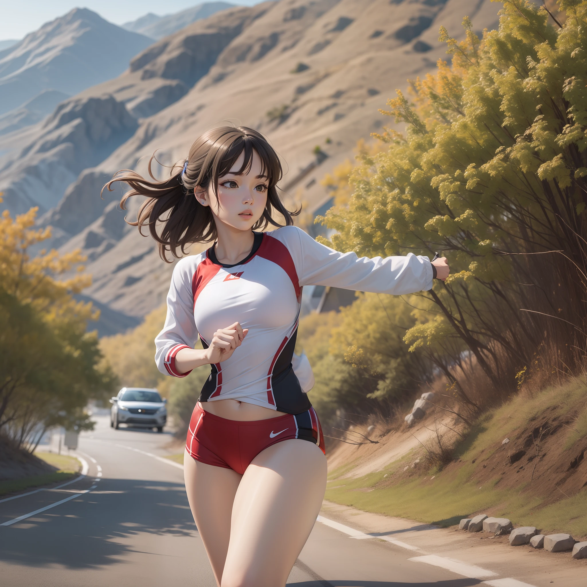 Cars running in front、Silver minivan、Wagas、Tree on the left