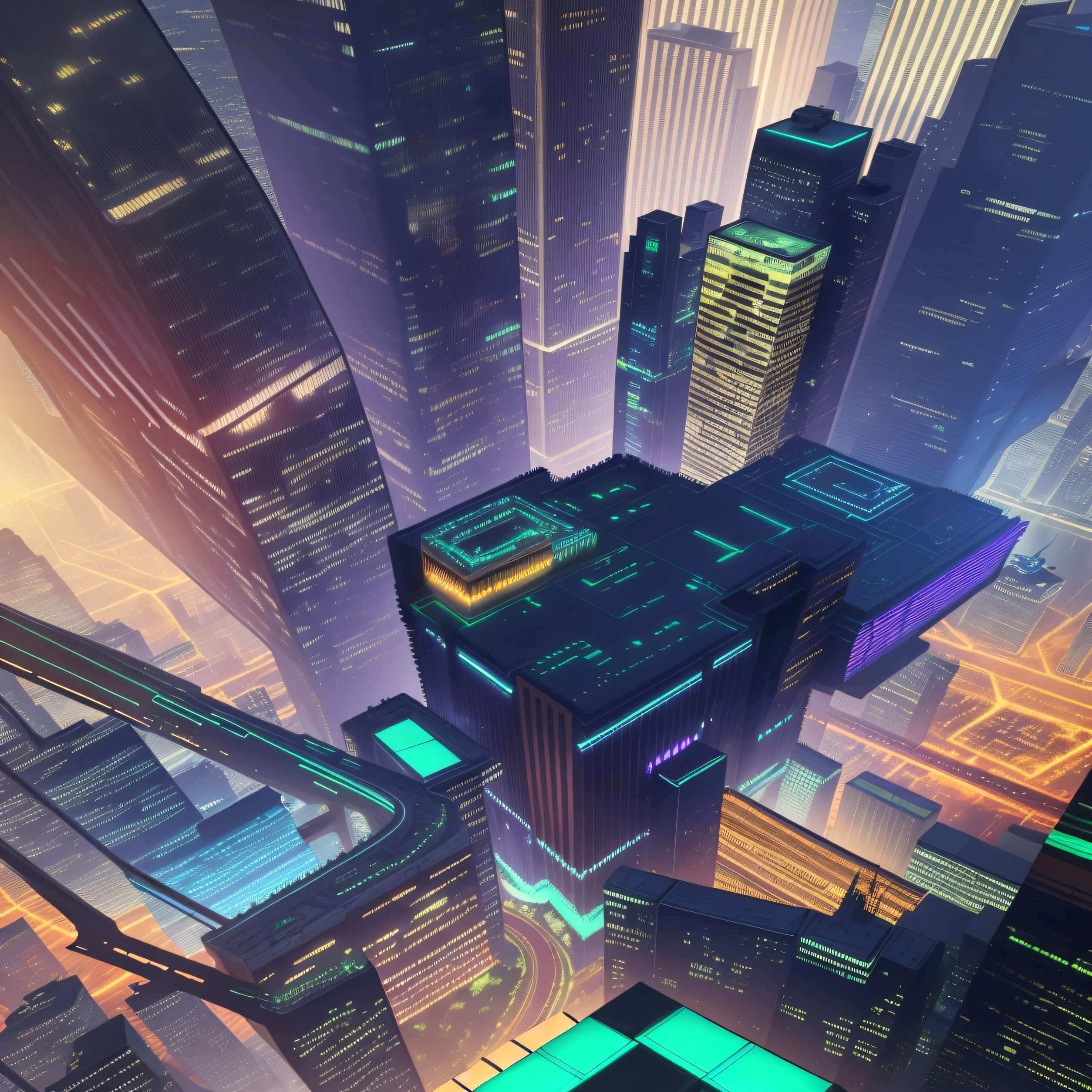 City view with skyscrapers and green pools,Aerial view of the city，Cyberpunk style，super high image quality