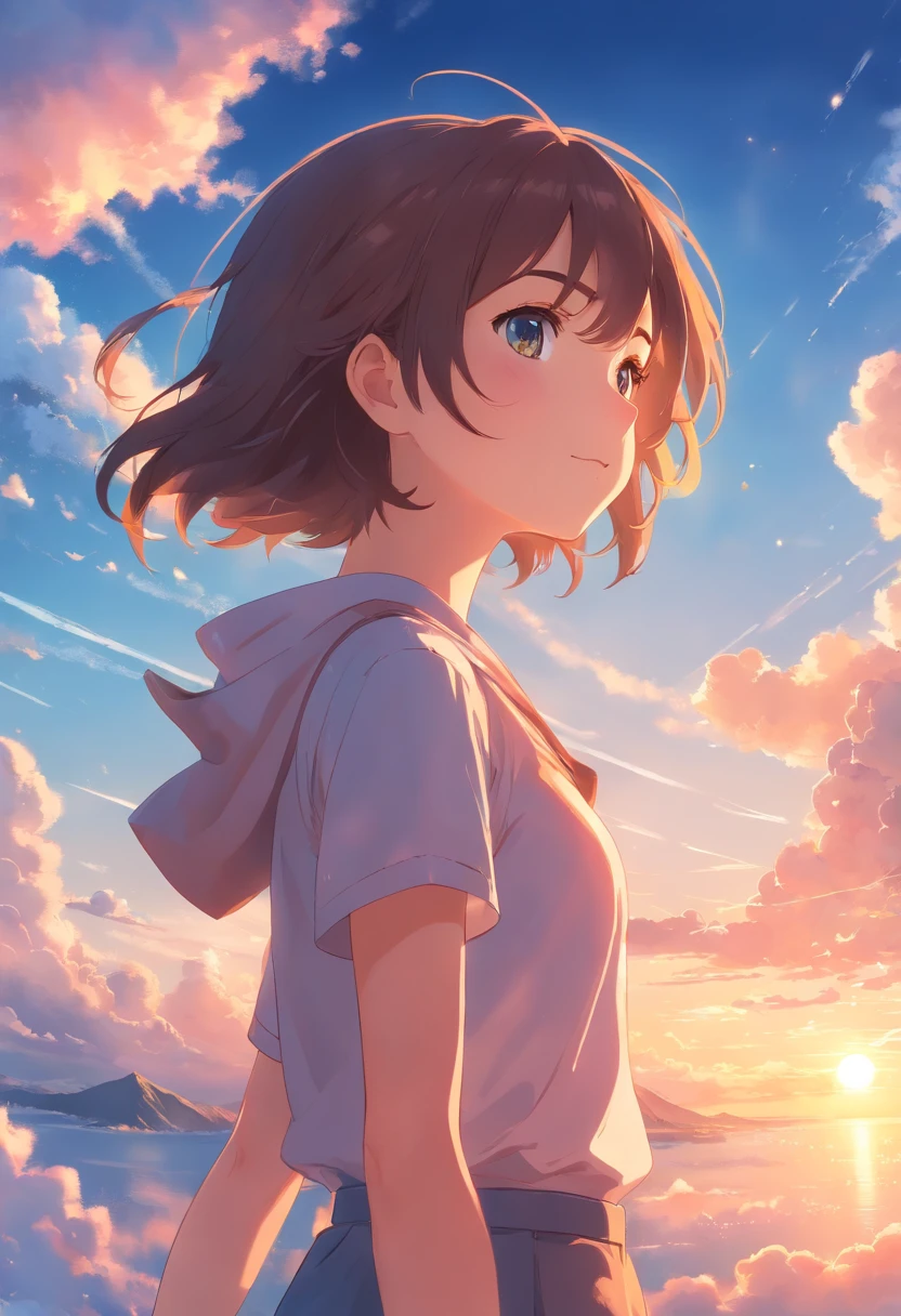 masterpiece, best quality, movie still, 1girl, cloud girl, floating in the sky, close-up, bright, happy, warm soft lighting, sunset, (sparks:0.7)