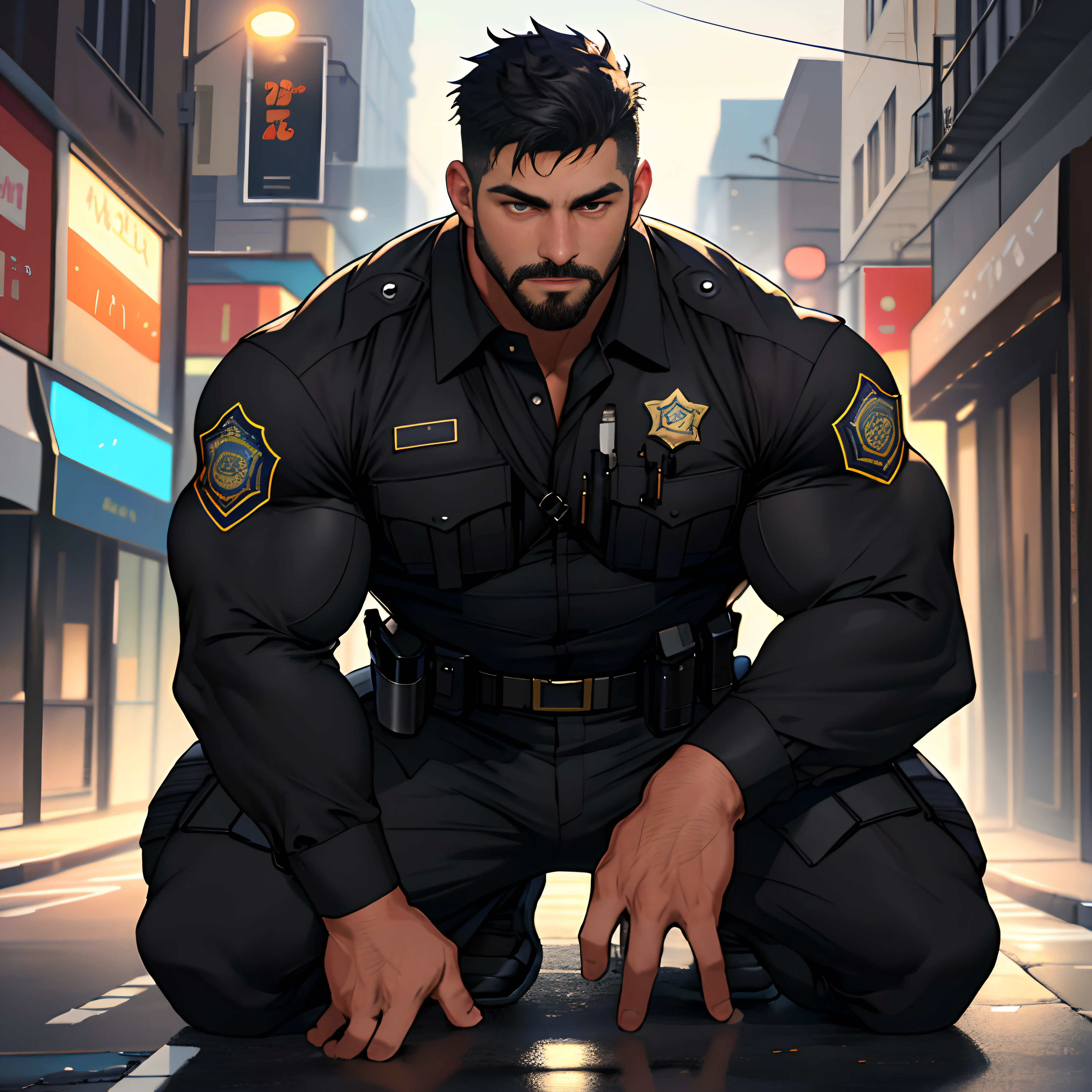 best quality, masterpiece, super high resolution, detailed background, realism, illustration, single, 1 boy, muscle man, street, muscle, facial hair, volumetric lighting, depth of field, black clothes, (black police uniform), kneeling, ((hands on the ground))