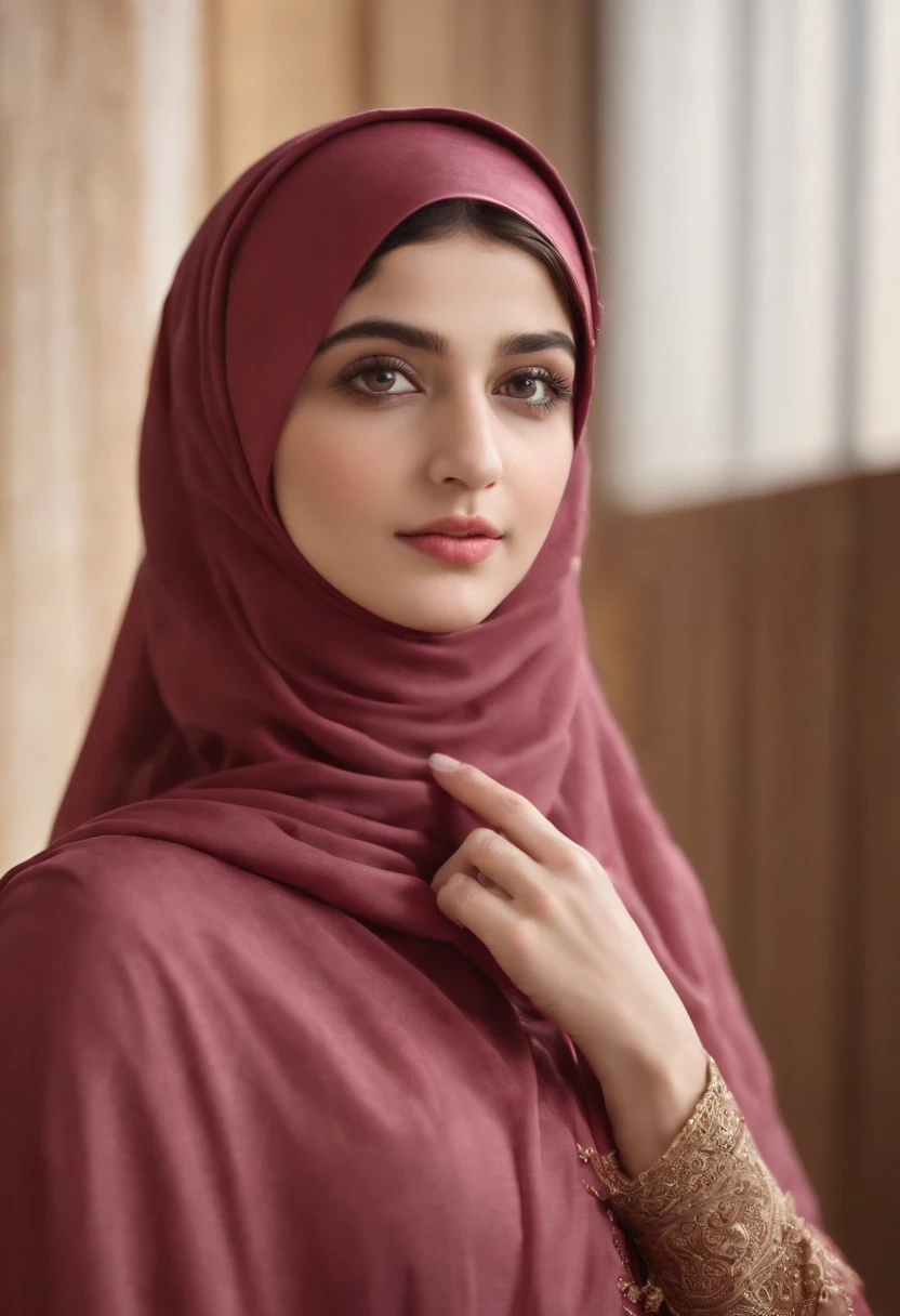 (RAW photo, best quality), (Cuteness Mawra Hocane), (realistic, photo-realistic:1.3), HIJAB OUTFITS DRESS, Hoodie, best quality of Hijab Girl, Full Hijab Dress, highly detailed Hijab, masterpiece, ultra-detailed, illustration, 1girl, upper_body, dynamic angle, world masterpiece hijabi, messy_long_hair, best qua, extremely detailed CG unity 8k wallpaper, ink, Amazing, cinematic lighting,