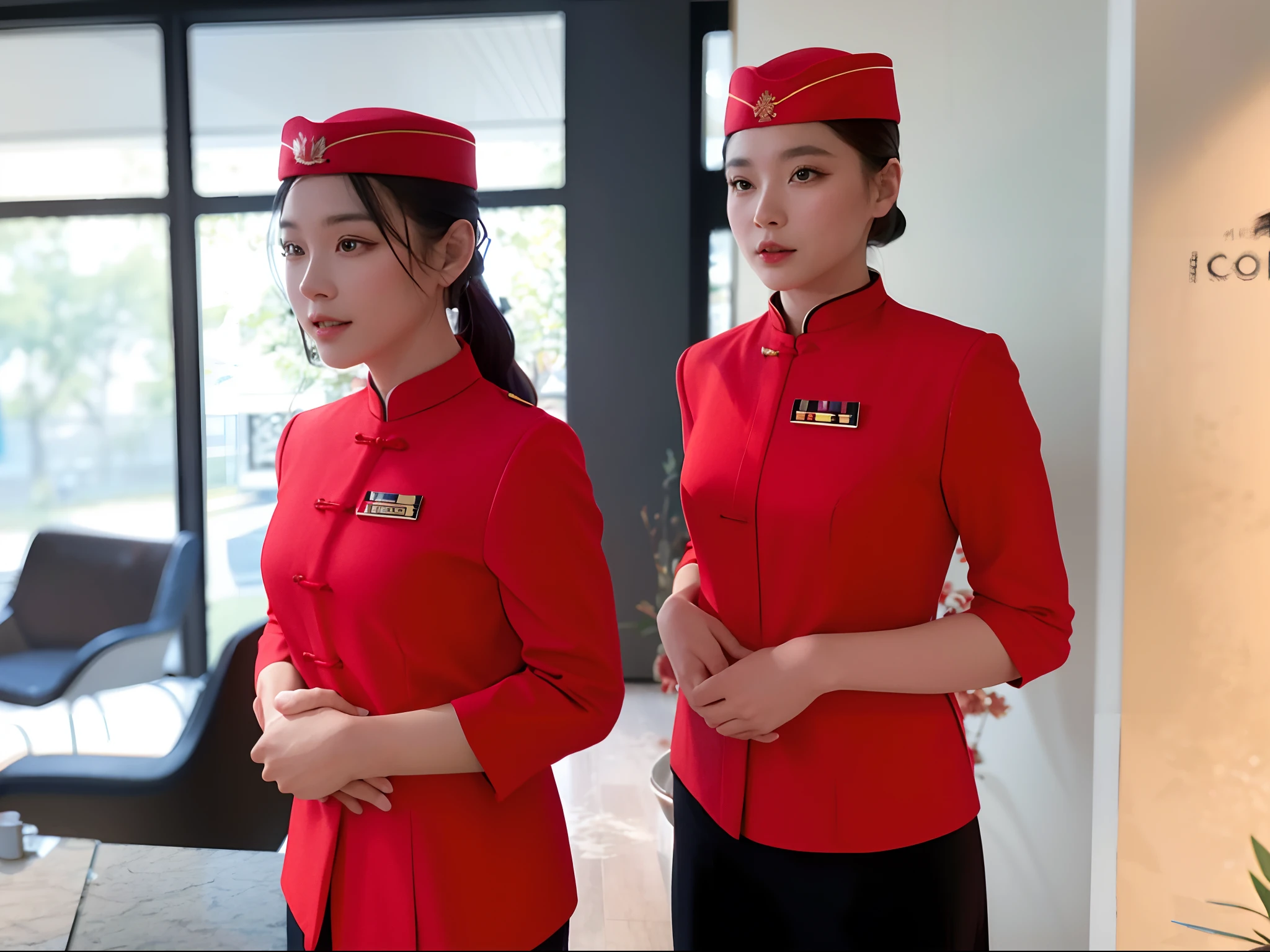 Two women in red uniforms stood side by side, Red Uniform, wearing red attire, Wearing a red captain's uniform, avant designer uniform, wearing rr diner uniform, inspired by Cheng Jiasui, Good morning, 2 0 2 0 fashion, Chinese style, author:Emma Andievska, red and blue garments, portrait shooting