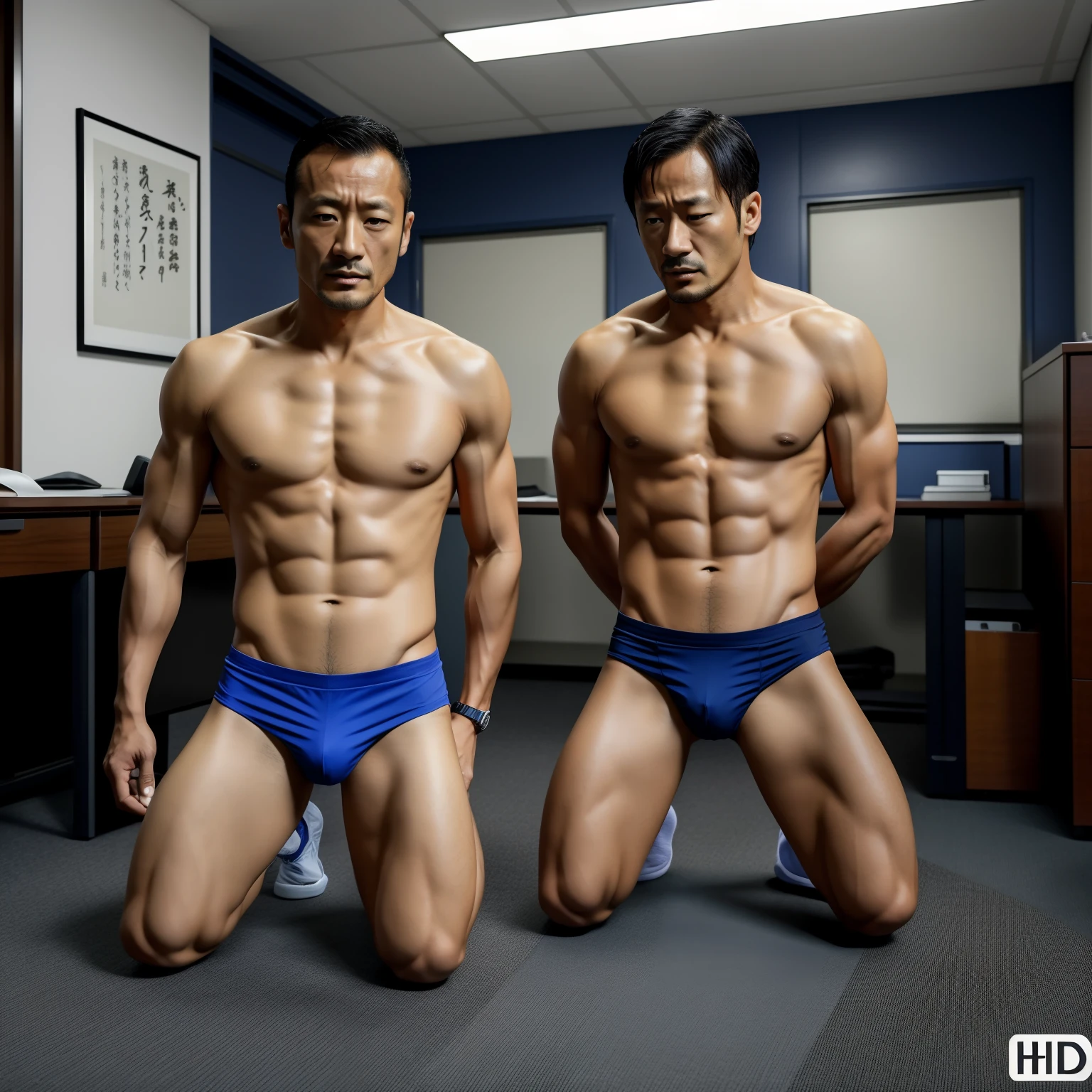 aged 40，Hidetoshi Nakata，（Kogoro Mouri 0.7），Shirtless，Tong，agitated，office room，black long socks，Thin，musculature，lbeard，fortitude，artwork of a，tmasterpiece，k hd，Two people kneeling，Blue panties