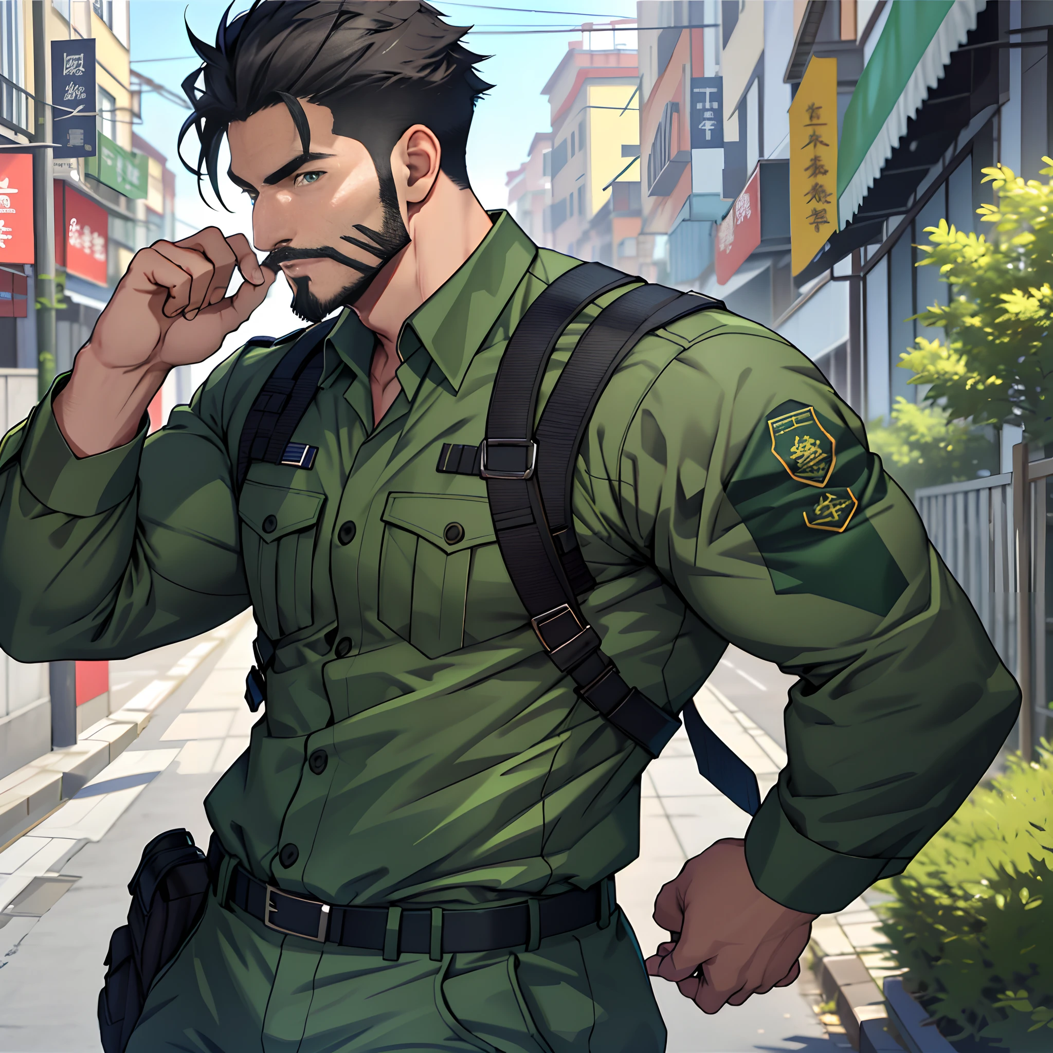 (Create a masterpiece: 1.2),(CGI art:1.3),(realistic:1.5),(After processing:1.3),(Sharp focus:1.3),1 man ,sunglass, straight, front ,Chris Redfield ,(black hair), smile open mouth, (Wear color olive green polo with a Police badge: 1.2), olive green cargo, Korean guy , korean men, (High gloss details), chest muscles, large arm muscles, blood vessel, Big muscles, Broad shoulders, looking at the audience, Balancing the eyes, middle of the road ,walk to camera,(Run and fight:1.6)
