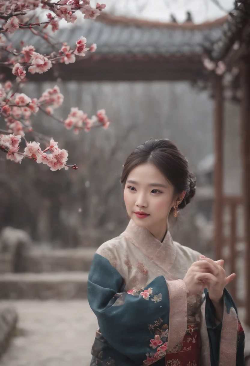 （Blurred foreground：It was snowing heavily：2.0，），（A lot of plum blossoms fall：1.6），（Chinese Song Dynasty beauty dancing in skirts），（anatomy correct，Korean Star Faces，Hands and face are very delicate and transparent），（Stand in the middle of a quaint courtyard，Plum Blossom，Chinese elements，Winter clothes），（wide angles，More about Ultra HD，masutepiece, hyper HD, Super Detail, high details, Best Quality, hight resolution,  awardwinning, 8K），（Premium color scheme in China，电影灯光）
