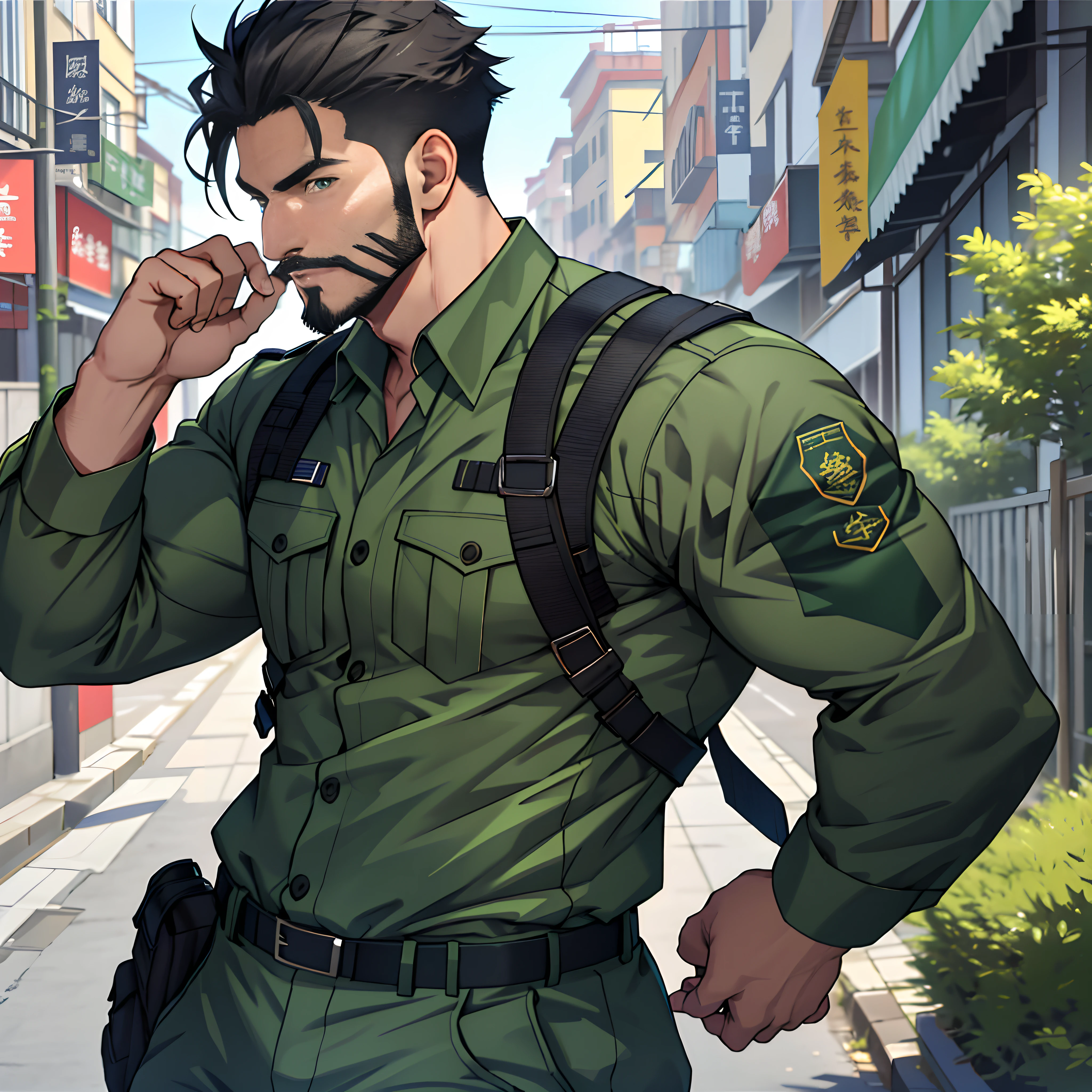 best qualtiy, tmasterpiece, 超高分辨率, detailedbackground, photorealestic, illustratio, Single, 1 boy, Young, handsome, mature man, sbeard, swat, the street, musculature, Facial hair, Volumetriclighting, depth of fields, Green camouflage uniform
