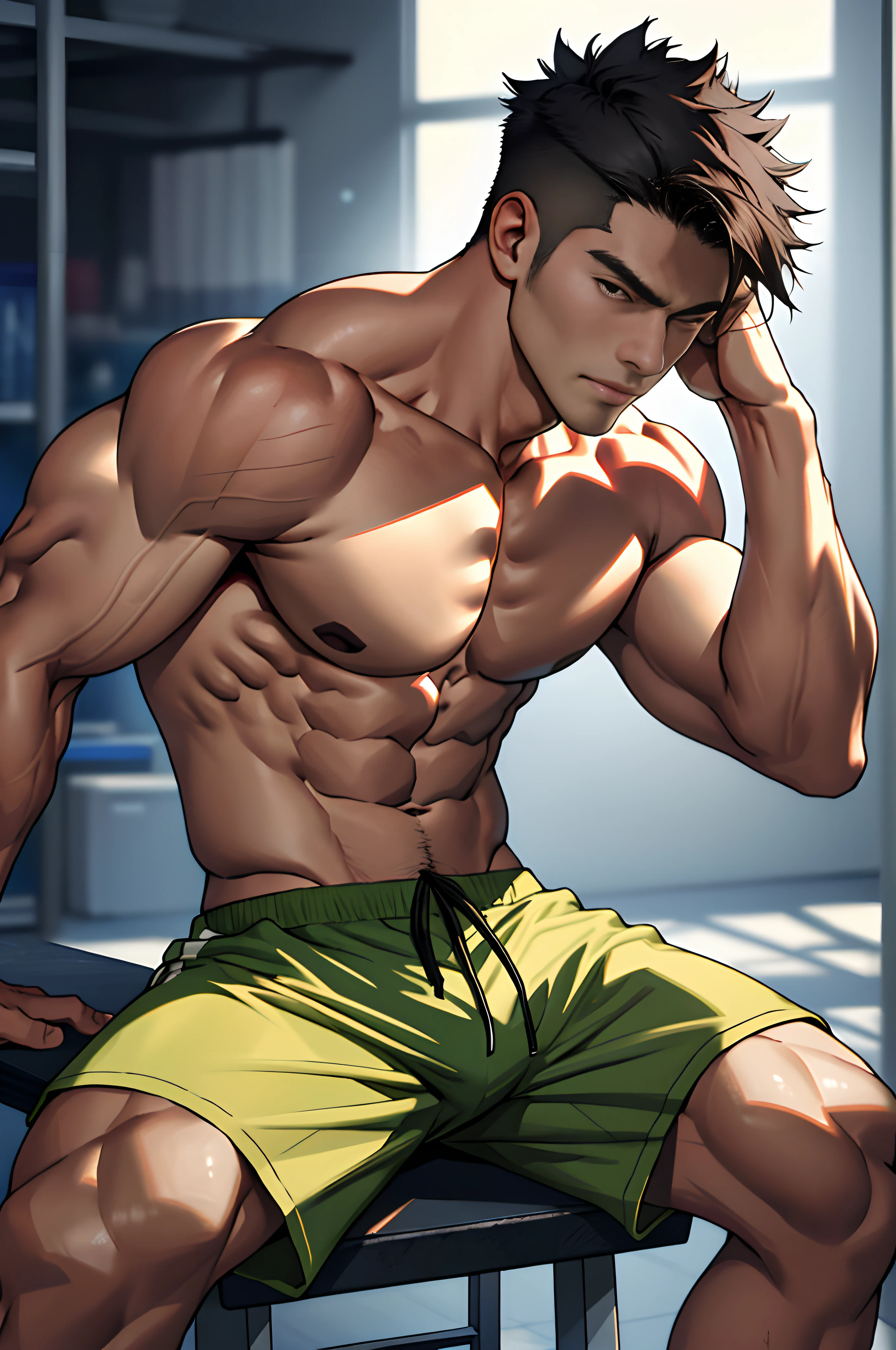 best qualtiy,tmasterpiece,face expressionless,超高分辨率,detailedbackground,realisticlying,1人,独奏,male people,musculous,Mature male,short detailed hair,Handsome looks,Sit Pose,money,sofe,Real shadows and light,depth of fields,boobgasm,biceps,chest muscle,Abs,Sports super shorts,Detailed muscle texture