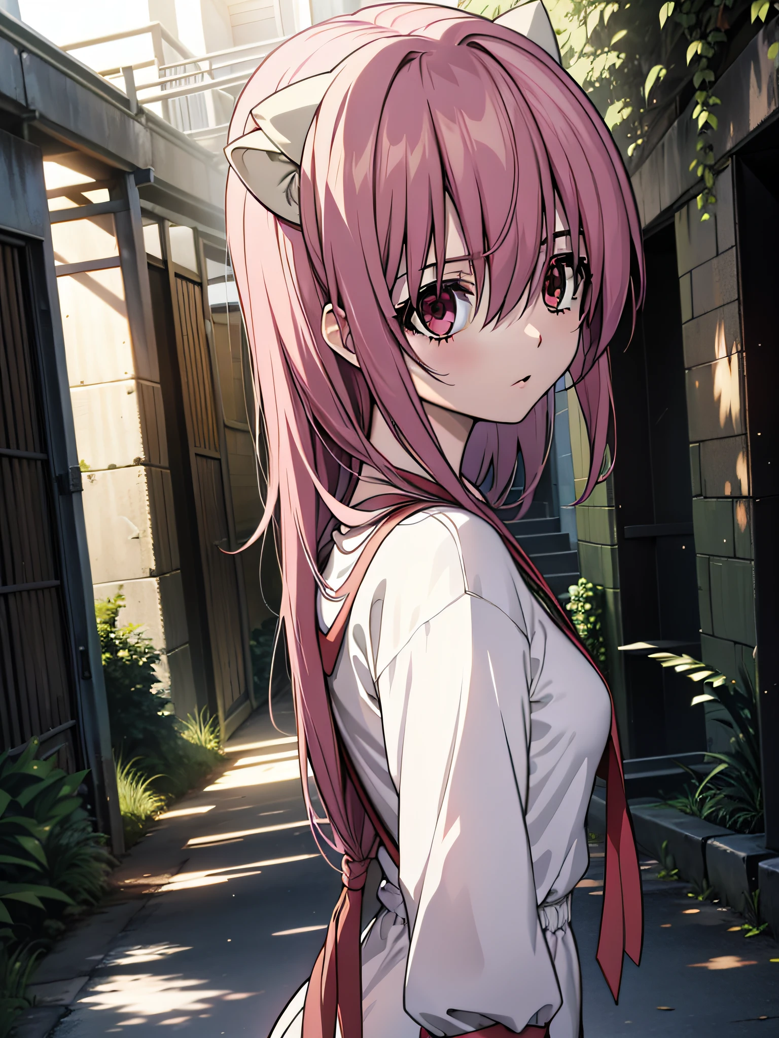 Lucy, elfen lied,con ropa normal, parada, mirada asesesina, cuerpo completo, sin fondo