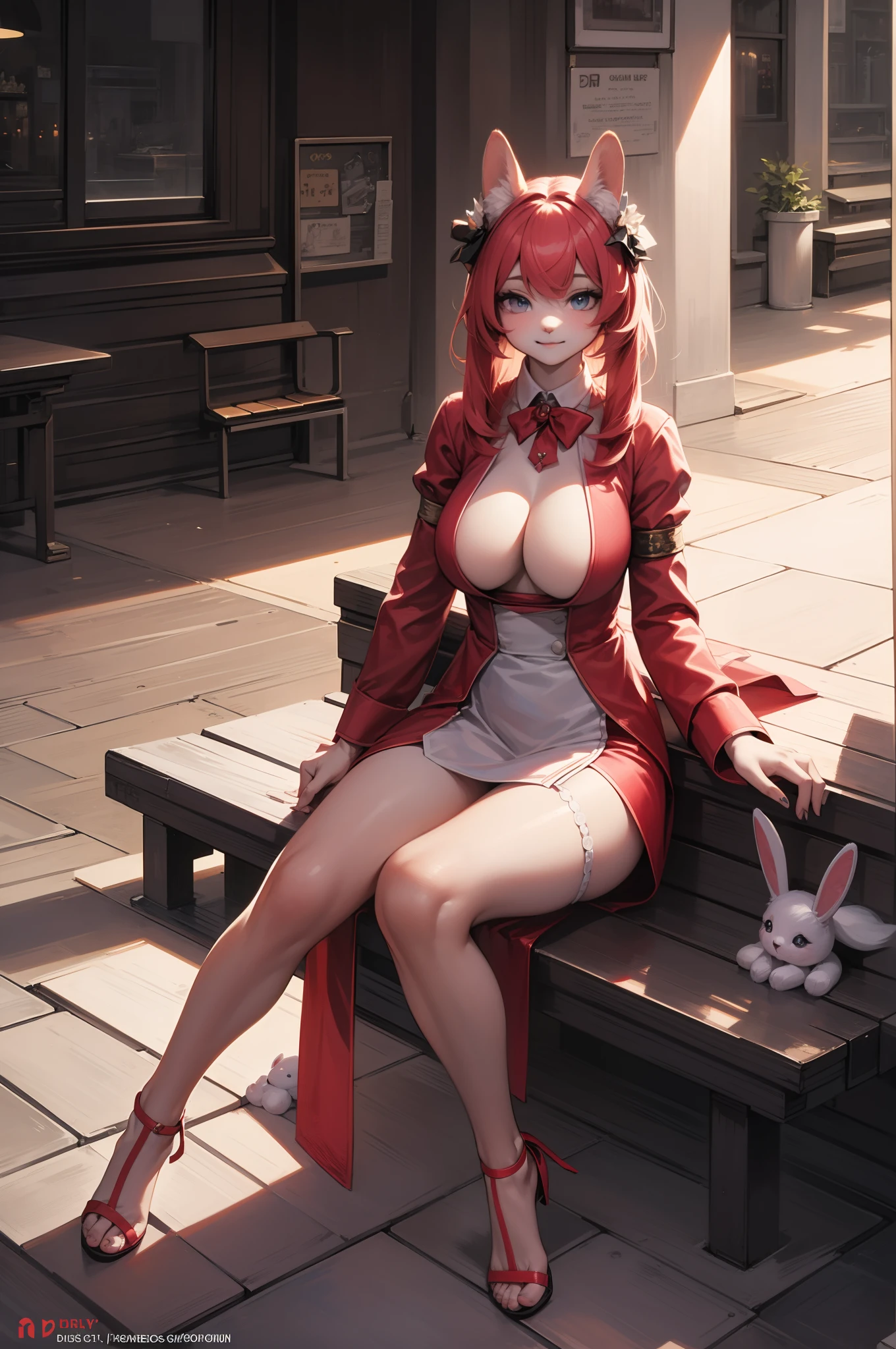 Sitting on a bench in the room, Furry,2K Cute Core Crown Core, Human lamb hybrid, ball jointed doll, cute fumo plush bunny girl, sha xi, nffsw, artdoll, e-Girl, e - girl, Cute:2, Lori, plushies, realistic cloth puppet, plushies、Colossal tits、skinny limbs、Girl with animal face、