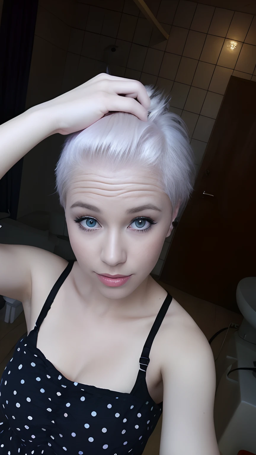 Blonde woman with short white hair and polka dot dress posing for a photo, blasses Haar, short white hair, white short hair, sehr, sehr blassblondes Haar, extrem hellblondes Haar, Albino-Haar, extremely pale white skin, Girl with short white hair, gebleichte blonde kurze Haare, Wirklich kurzes Haar, kurzes lila Haar, short white hair, rasierte Seiten, her hair is white