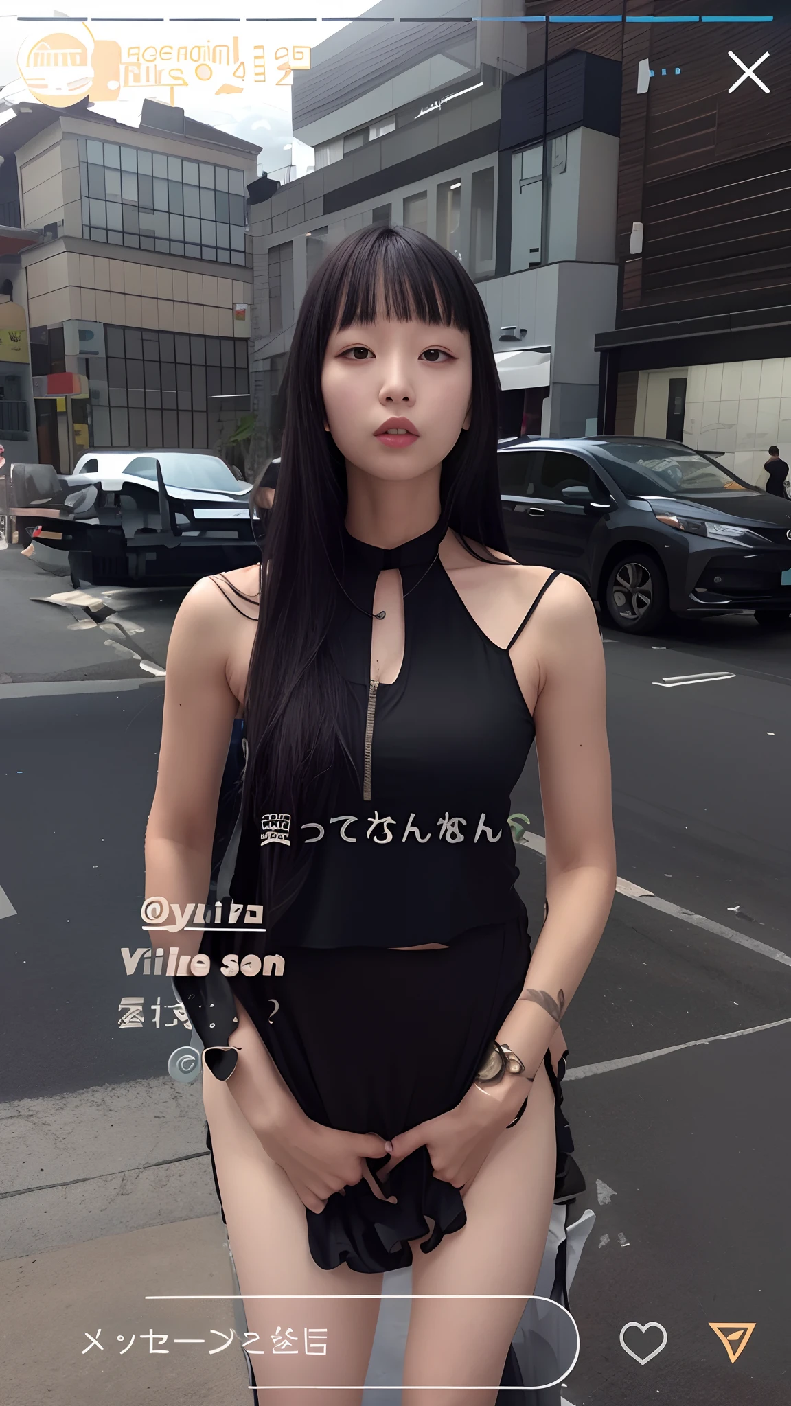 A dark-haired、Black One Piece、Sleeveless、long skirt