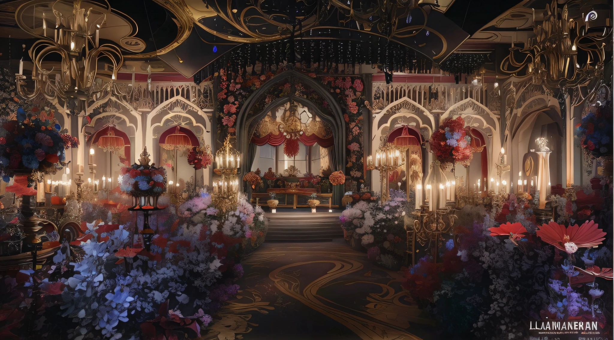 The Alalfeld Room is equipped with large flower arrangements and chandeliers, stunning arcanum backdrop, fairy tale setting, Gorgeous and complex background, intricate sparkling atmosphere, dreamy atmosphere and drama, very magical and dreamy, ornate backdrop, dreamy and detailed, dramatic theming, lavishly decorated, fantastical setting, Gothic antique theme, ornate with fiery explosions，Rose flower，crystal lamp