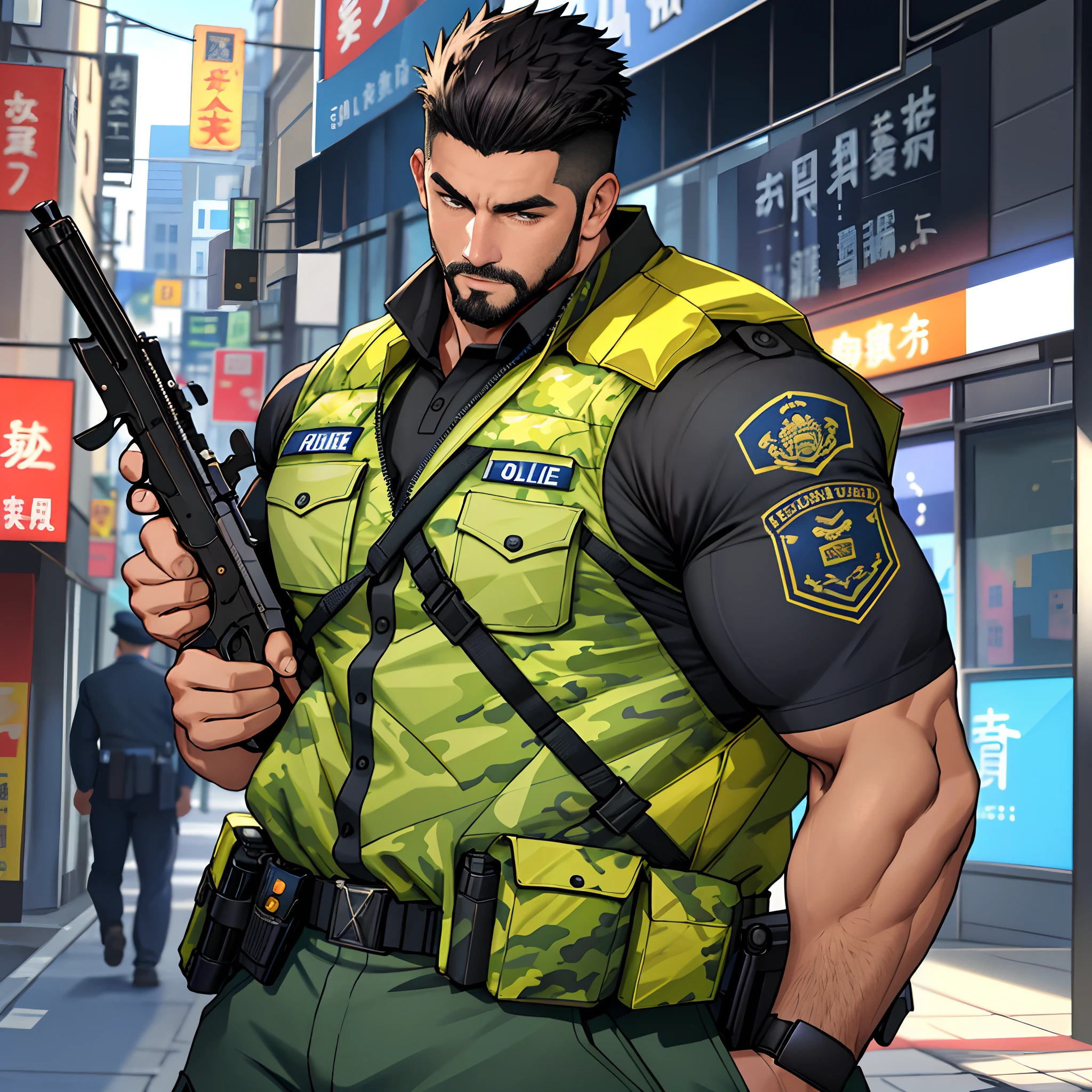 best qualtiy, tmasterpiece, 超高分辨率, detailedbackground, photorealestic, illustratio, Single, 1 boy, Muscle men, sbeard, armed policeman, the street, musculature, Facial hair, Volumetriclighting, depth of fields, Camouflage police uniform