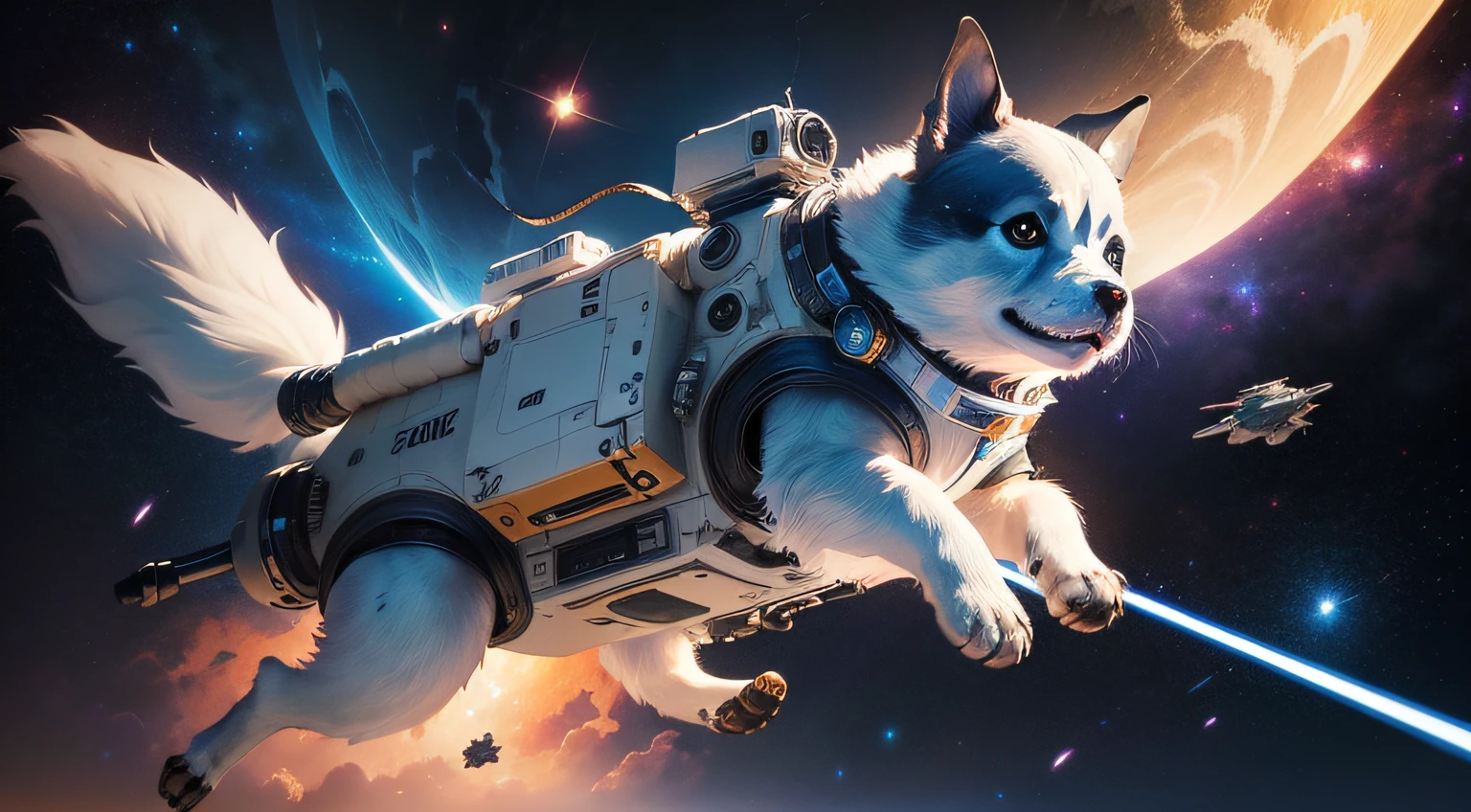 ((Best quality)), ((masterpiece)), ((anime)), detailed space dog full body, playing in detailed space galaxy, spaceship, sci fi, spaceman, inspired by star wars