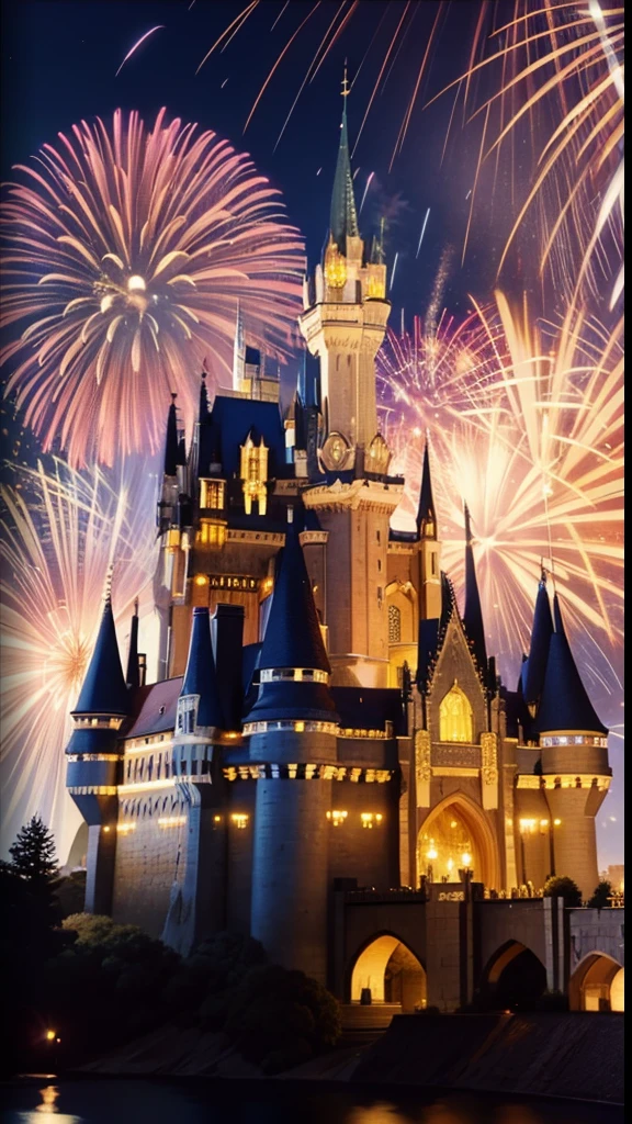 brilliant fireworks over lighted gorgeous castle