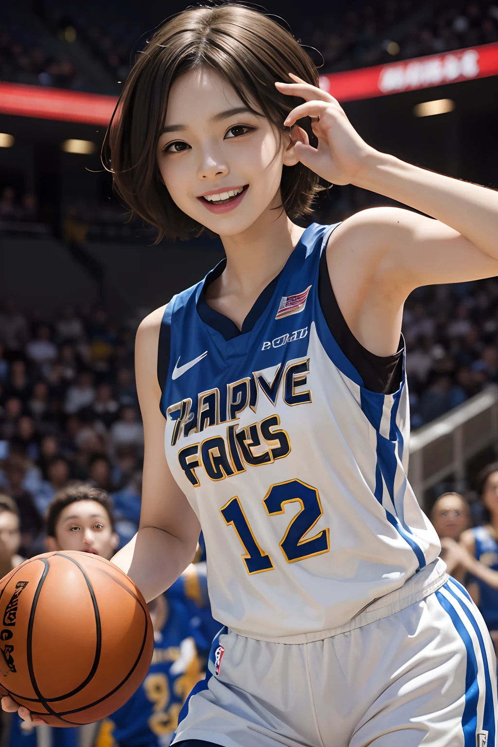 Pubic hair grows、Smile full of happiness、、、、Panting face、Sweating、Expression in a state of excitement、short-hair、eye glass、Basketball player 、cowboy shot、japanes、Basketball in hand、Shooting a free throw、one girls