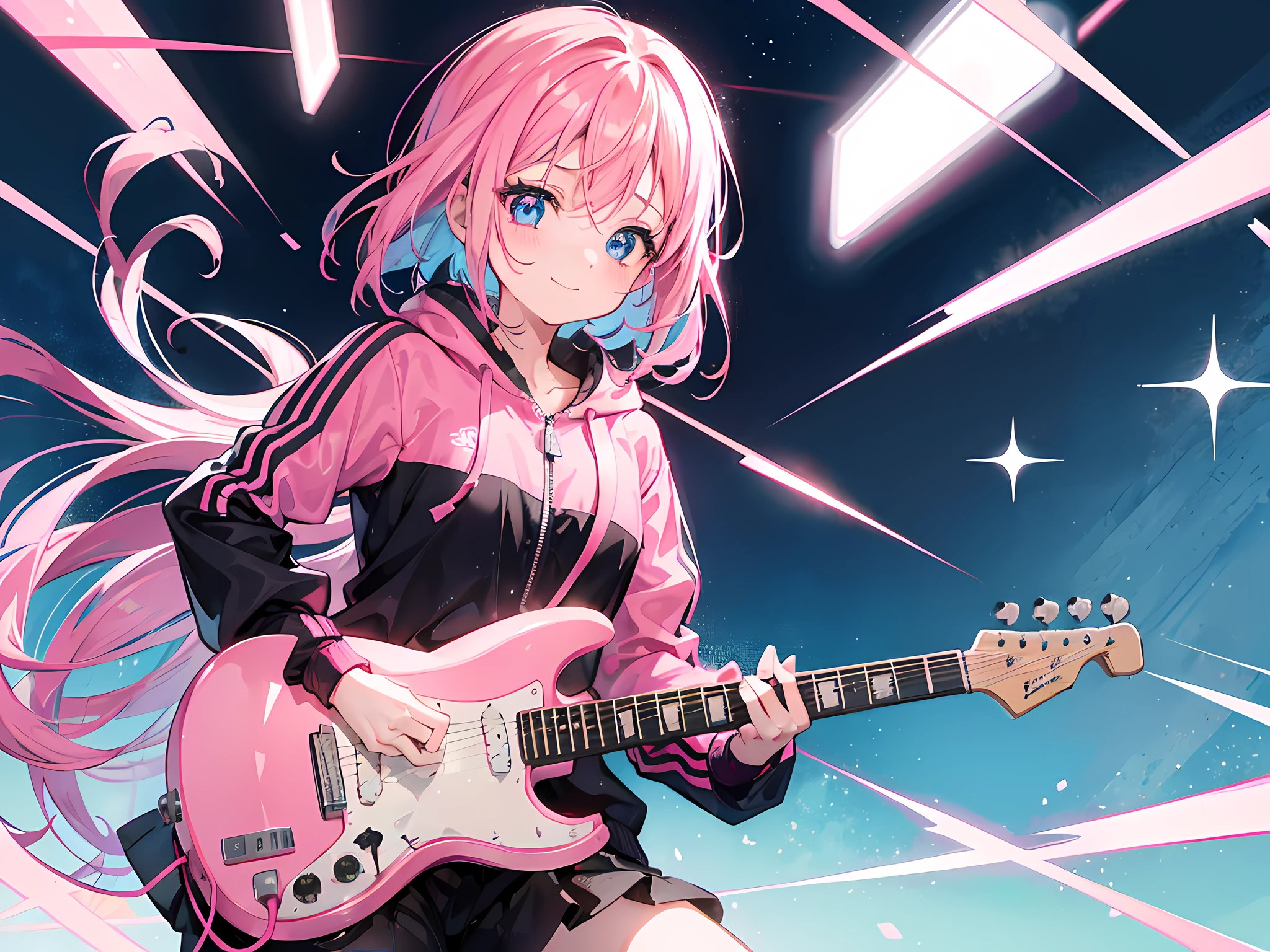 1 girl, pink hair, blue eyes, expressive eyes, pink track suit, smile, blush, playing black electric guitar, looking at viewer, best quality, cute, perfect face, 8k, ray tracing, simple background, stage background, Hitori Gotou (Bocchi), Bocchi the Rock, masterpeice