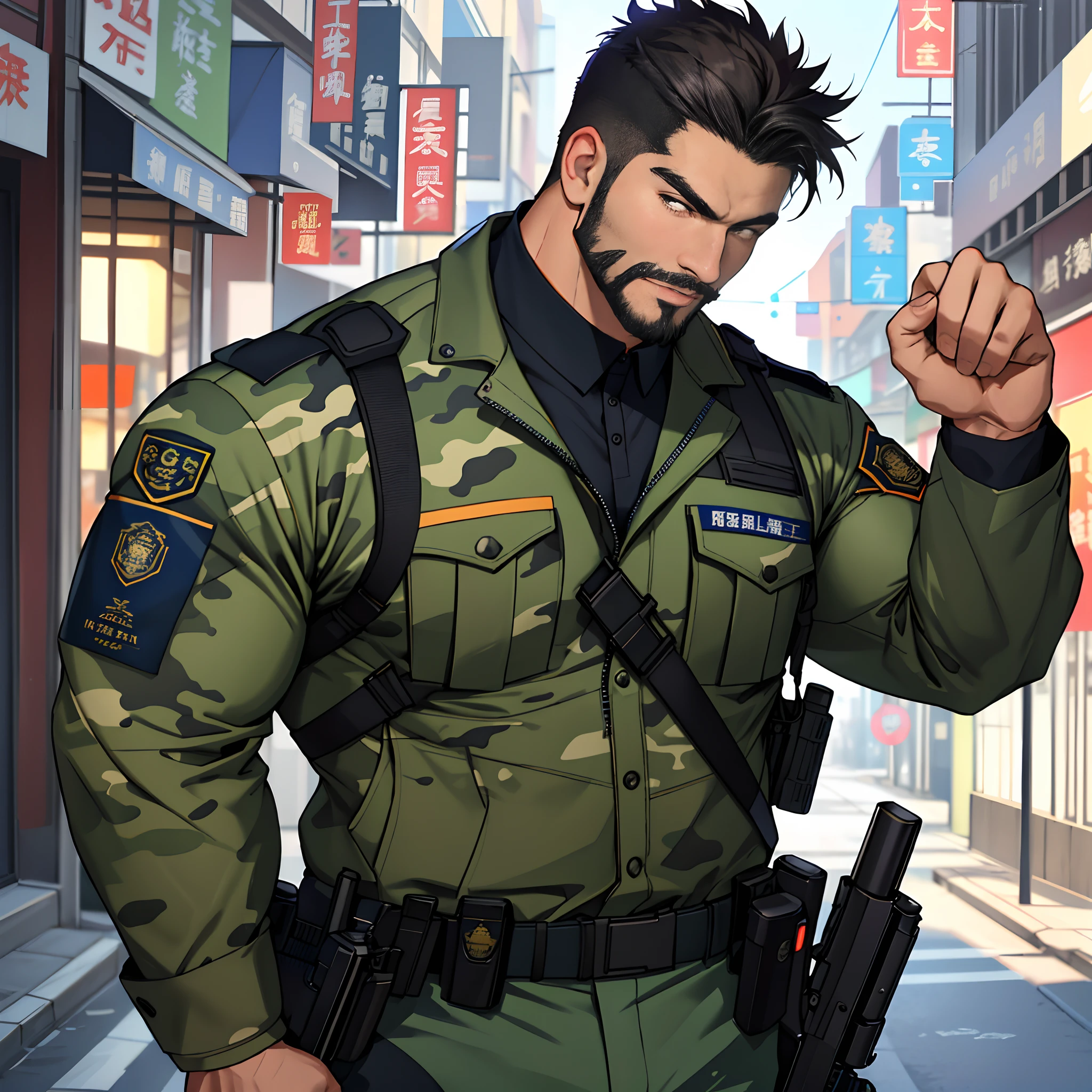 best qualtiy， tmasterpiece， 超高分辨率， detailedbackground， photorealestic， illustratio， Single， 1   boy， Muscle men， sbeard， armed policeman， the street， musculature， Facial hair， Volumetriclighting， depth of fields， Camouflage police uniform