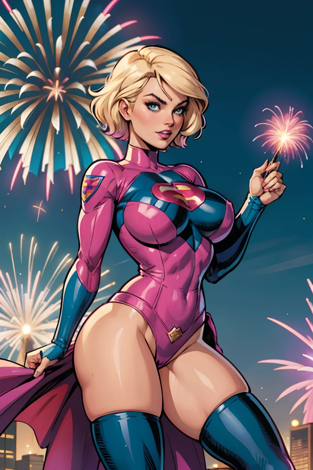 Margot Robie, Barbie pink, DC Comics, dressed as a Goth version of power girl, by Adam Hughes, (sexy), (fireworks: 1), flying