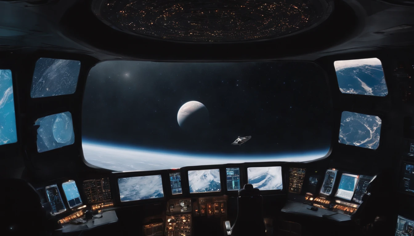 The appearance of the spacecraft. From the window you can see the scenery of the alien planet, The entire space is full of working consoles with electronics and screens, Full-HD