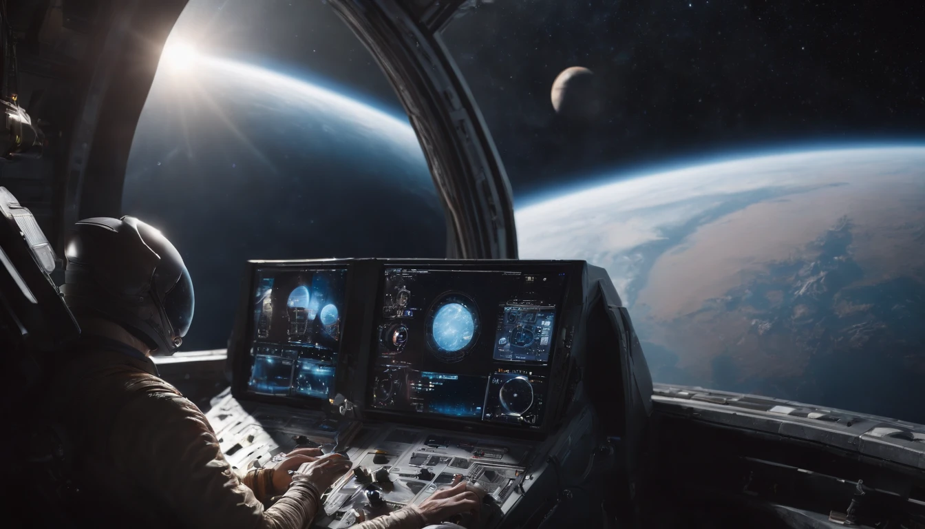 The appearance of the spacecraft. From the window you can see the scenery of the alien planet, The entire space is full of working consoles with electronics and screens, Full-HD