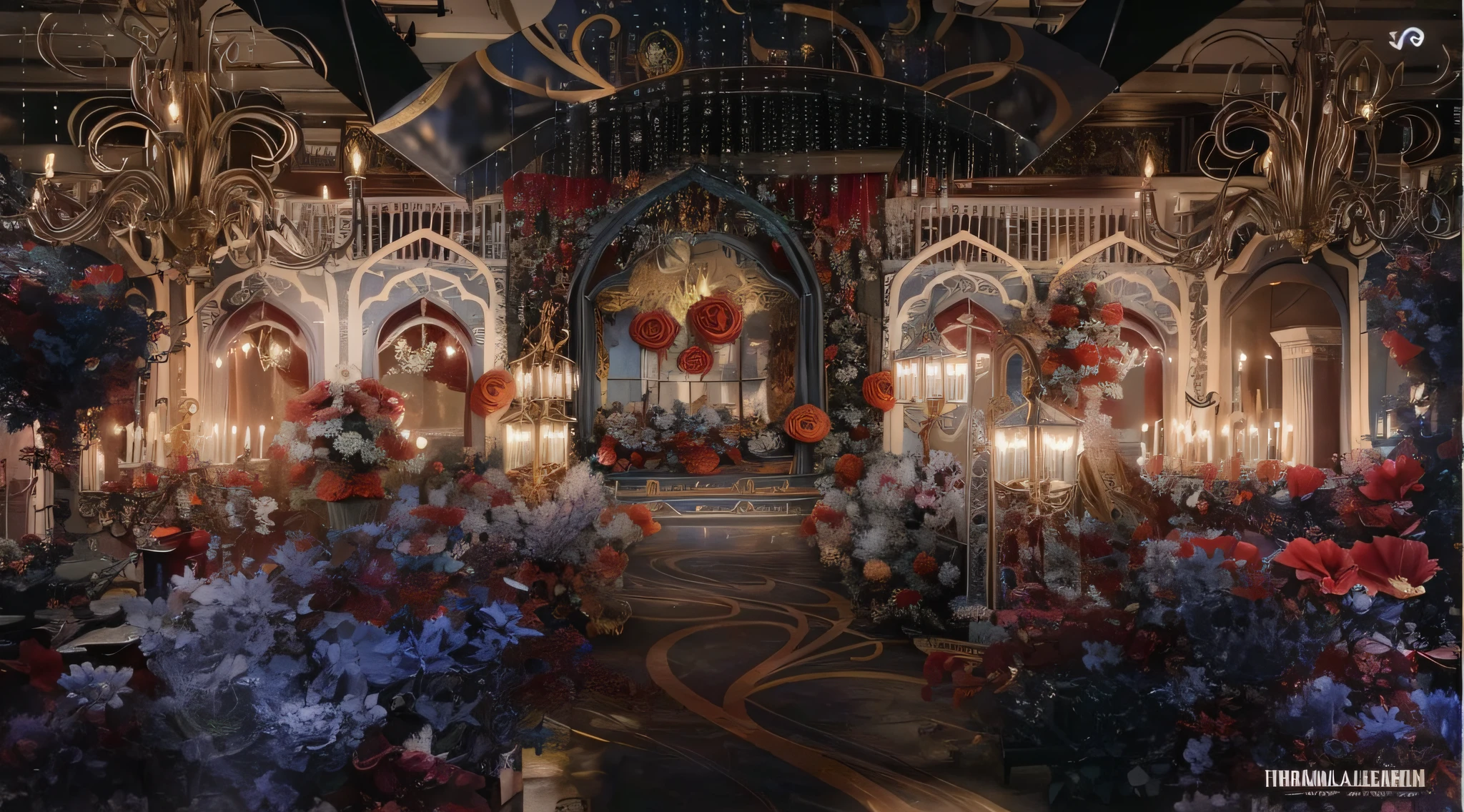 The Alalfeld Room is equipped with large flower arrangements and chandeliers, stunning arcanum backdrop, fairy tale setting, Gorgeous and complex background, intricate sparkling atmosphere, dreamy atmosphere and drama, very magical and dreamy, ornate backdrop, dreamy and detailed, dramatic theming, lavishly decorated, fantastical setting, Gothic antique theme, ornate with fiery explosions,Lots of roses,crystal lamp