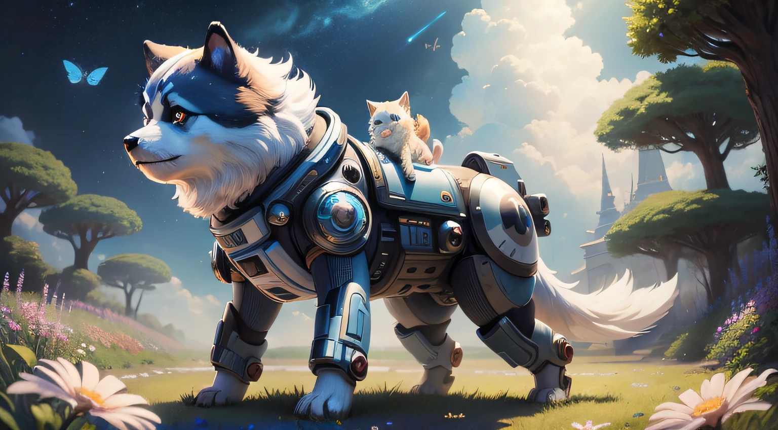 ((Best quality)), ((masterpiece)), ((anime)), detailed space dog full body inspired by movie star wars, playing in detailed dreamy garden, cloudy sky, sci fi, mechanical butterflies