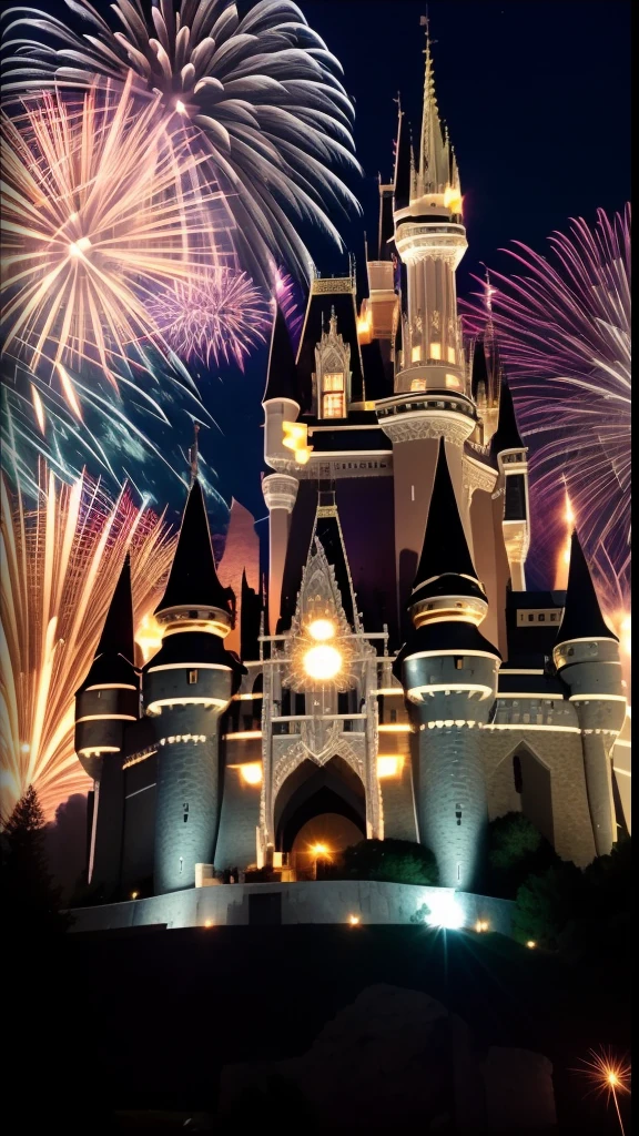 brilliant fireworks over lighted gorgeous castle