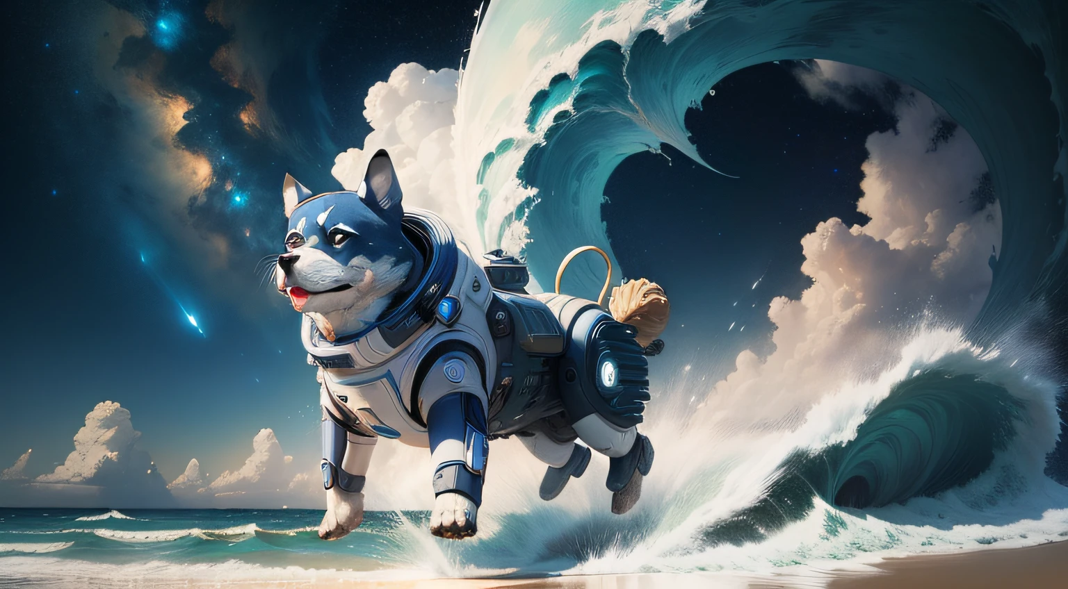 ((Best quality)), ((masterpiece)), ((anime)), detailed space dog full body inspired by movie star wars image size scale 40% of the full image, playing at a sandy beach dreamy landscape, cloudy sky, huge sea waves, mechanical star fish, sea shells, space man, space ships