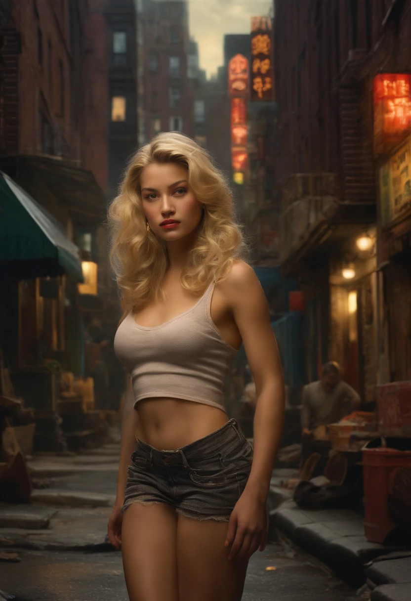 Extremely detailed and high-resolution masterpiece by Kocho Shinobu, portrait of young woman long blonde wavy hair stands belly free scantily dressed in mini skirt in a lonely come down street in New Yorks slum at night in the background members of a street gang