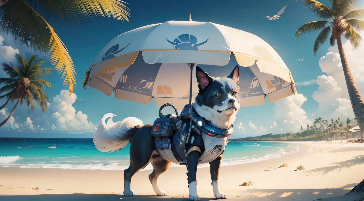 ((Best quality)), ((masterpiece)), ((anime)), detailed space dog full body inspired by movie star wars image size scale 30% of the full image, playing at a sandy beach dreamy landscape, cloudy sky, huge sea waves, beach cafe, parasol umbrellas, palm trees, coconut trees, sea gulls