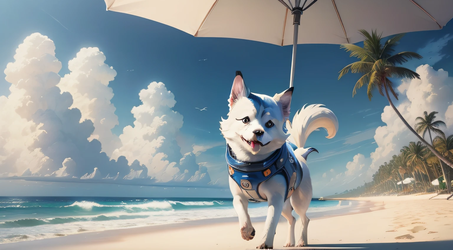 ((Best quality)), ((masterpiece)), ((anime)), detailed space dog full body inspired by movie star wars, playing at a sandy beach dreamy landscape, cloudy sky, huge sea waves, beach cafe, parasol umbrellas, palm trees, coconut trees, sea gulls