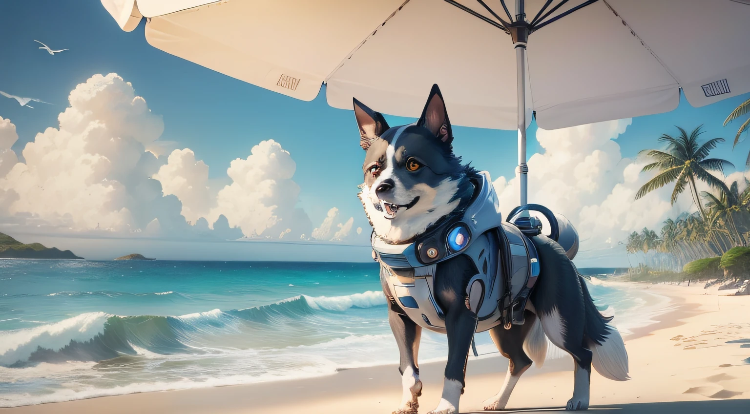 ((Best quality)), ((masterpiece)), ((anime)), detailed space dog full body inspired by movie star wars, playing at a sandy beach dreamy landscape, cloudy sky, huge sea waves, beach cafe, parasol umbrellas, palm trees, coconut trees, sea gulls