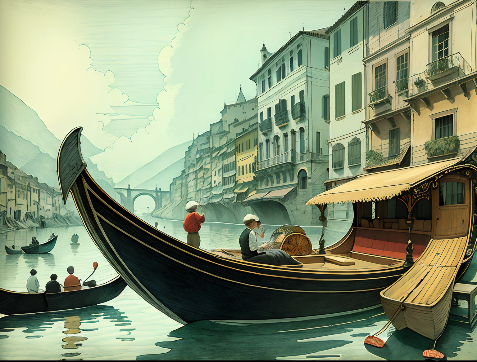 sketch illustratio, traditional drawing style, gondola, Hand drawn illustrations, pen and ink illustration, pen - and - ink illustration, vignette illustration, Linear illustration, Official illustration, author：Antonio Rota, gondola, famous scene, illustration