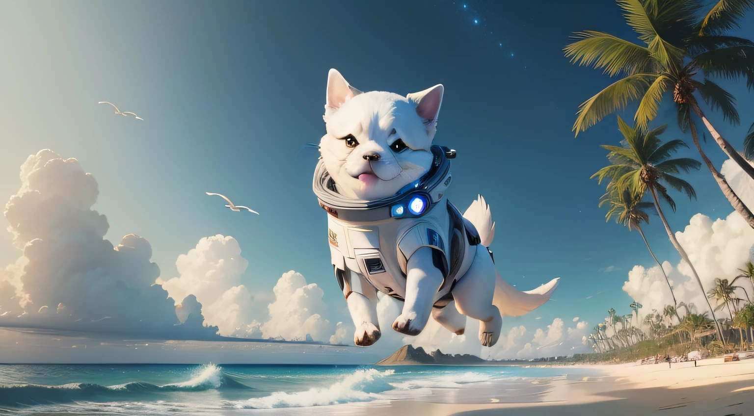 ((Best quality)), ((masterpiece)), ((anime)), detailed space dog full body inspired by movie star wars, playing at a sandy beach dreamy landscape, cloudy sky, huge sea waves, beach cafes, palm trees, coconut trees, sea gulls, space ships, astronauts