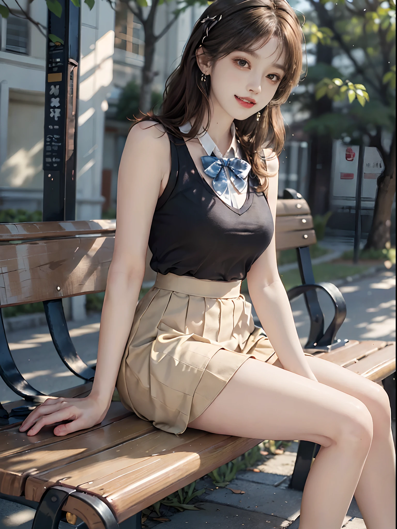 ((full body)), ((from side)), ((Sit on a park bench, slender leg)), ((realistic)), 1girll, looking at viewert, Detailed scenes, curlies, Air bangs, Beautiful hair accessories, Brownish-yellow hair, slim, ((White color blouse, Short black tight skirt, neck bowtie, high-heels)), (Campus style), warm lights, a warm color palette, Detailed details, ultra-detailliert, (tmasterpiece, best qualtiy), (An extremely delicate and beautiful work), Delicate earrings, Delicate necklace, Simple blurred background, Extreme detail description, Ultra-fine painting, Delicate face, slim toned body, (ssmile, Baring teeth), (ultra-realistic realism)