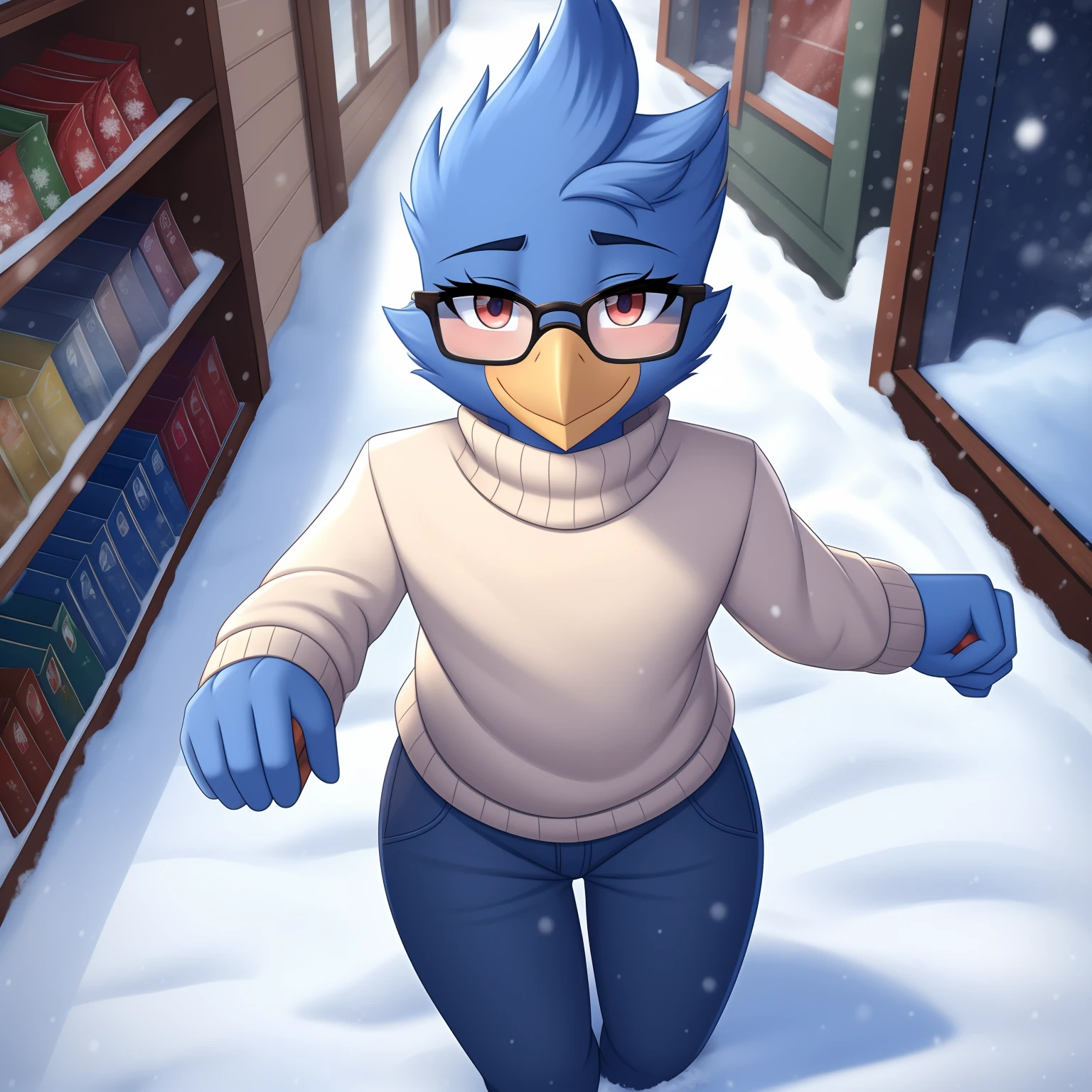 Berdly from Deltarune, glasses, professional art made by twistedscarlett60, solo, blue skin, blue body, smirk, beak, avian, male, 1boy, thick thighs, looking at you, made by twistedscarlett60, outdoors, from above, pov, perspective, beige turtleneck, jeans, snow, snowing, cities, store, snowflakes, holding hands, human hand, pov hand