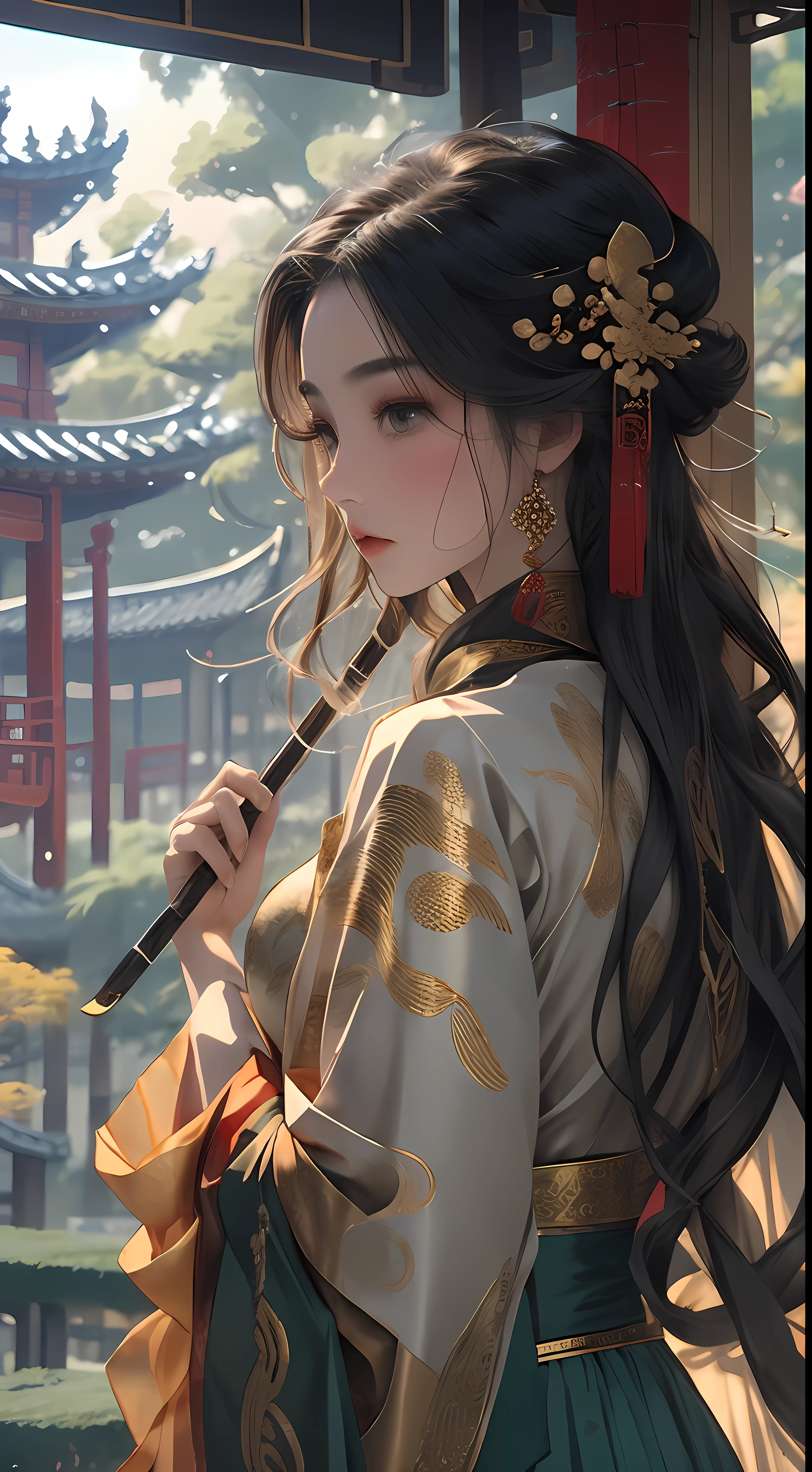 A beautiful dancer in ancient China,delicate lines,gorgeous costumes in ancient China,delicate and vivid,shy face,willow leaf eyebrows,personality depiction,coiled hair,gold leaf,flowing clouds,watercolor,crane surrounding,ink painting,gentle eyes,meticulous, color scheme,exquisite clothing patterns,by Gu, Kaizhi,Zhang Xuan,professional color grading,realistic style,soft shadows,clean and sharp focus,Flim photography,Panoramic View,32K --v 6