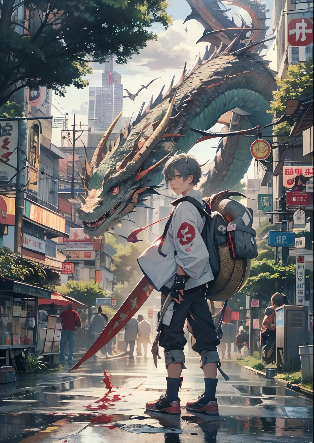 1boy,Man's ,Cyberpunk Boy、silber hair、poneyTail、Sword,machine gun、bow and arrow、Whole body bloody、The beginning of the adventure、(Dragon in the sky:1.5)、Magic Hour with Clouds,ruined and devastated city、Complex Japan buildings、school buildings、temple、shrines、railroad crossing、Bus stop、Trees、Warm lighting、puddles、Good old Japan landscape、Beautiful and fantastic summer landscape、Cinematic scenery、hightquality、masutepiece,8K、hight resolution、ultra-detailliert,
