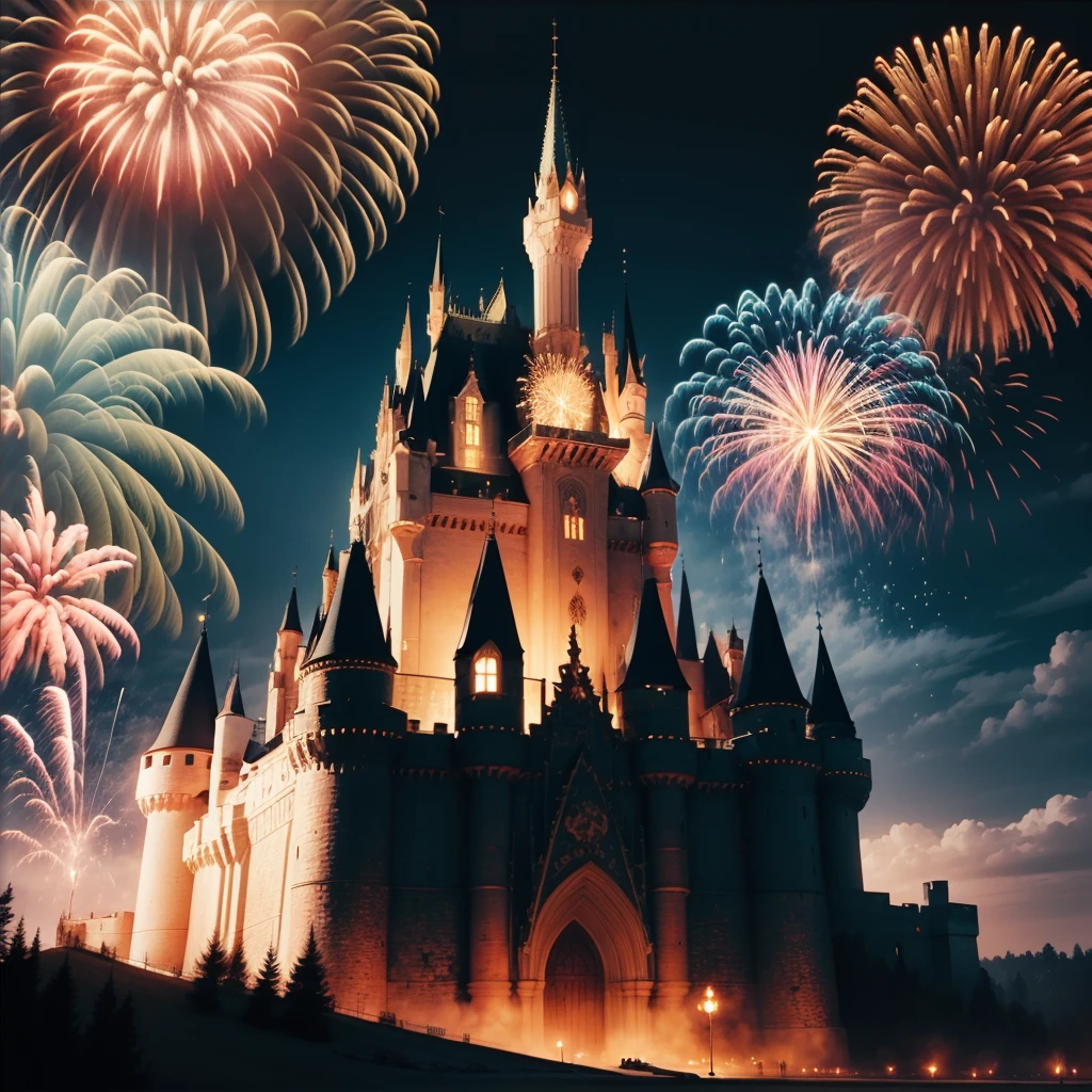 brilliant fireworks over lighted gorgeous castle